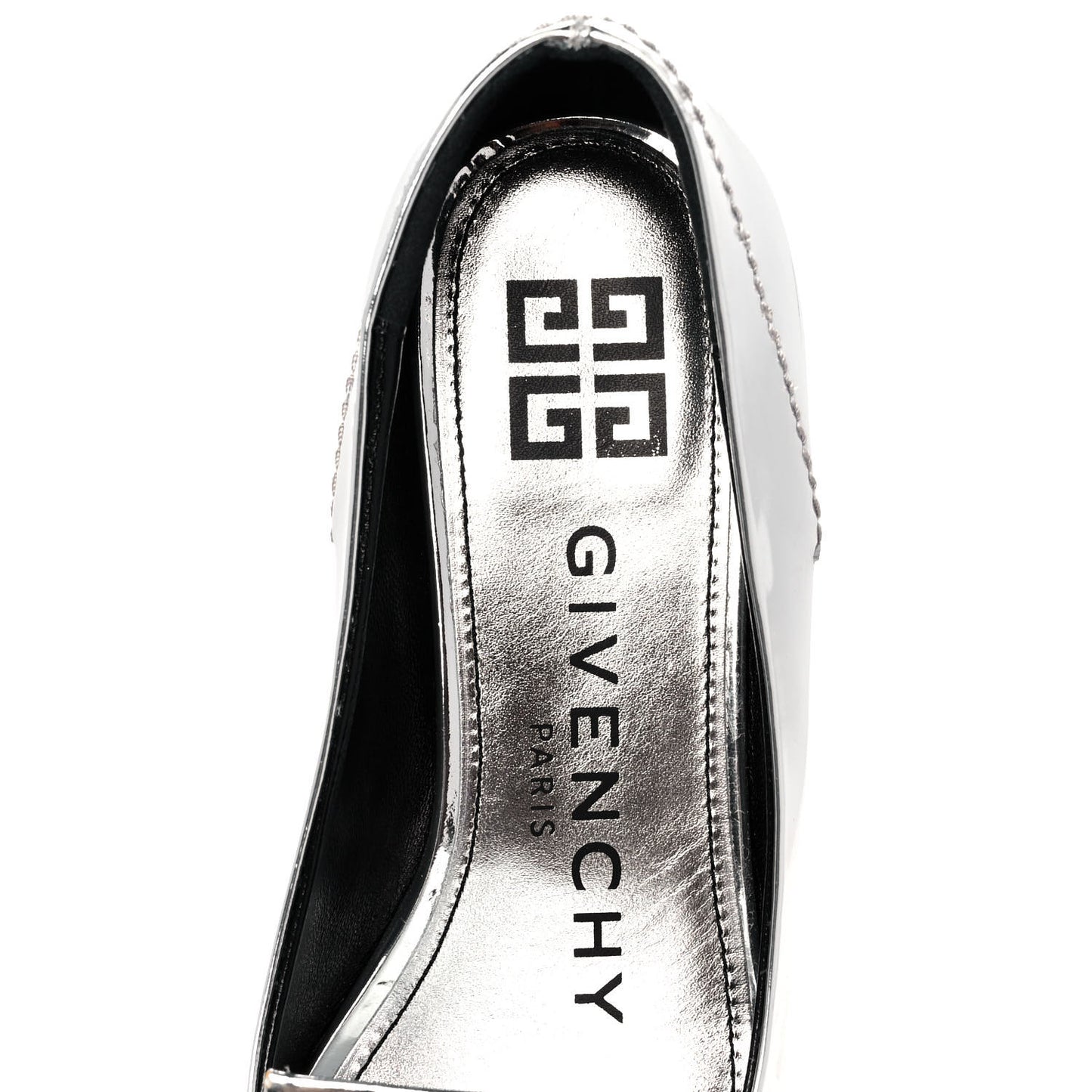 Patent Calfskin Metallic Double G Mystic Loafers 36 Silver
