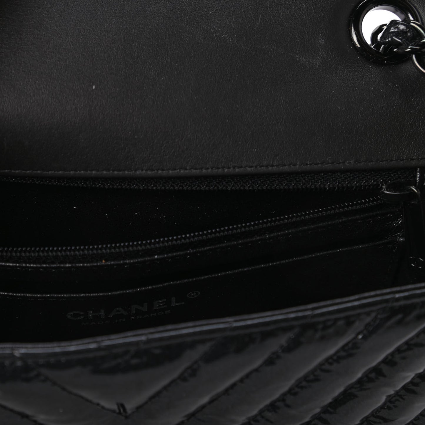 Patent Metallic Crumpled Calfskin Chevron Quilted Mini Rectangular Flap So Black