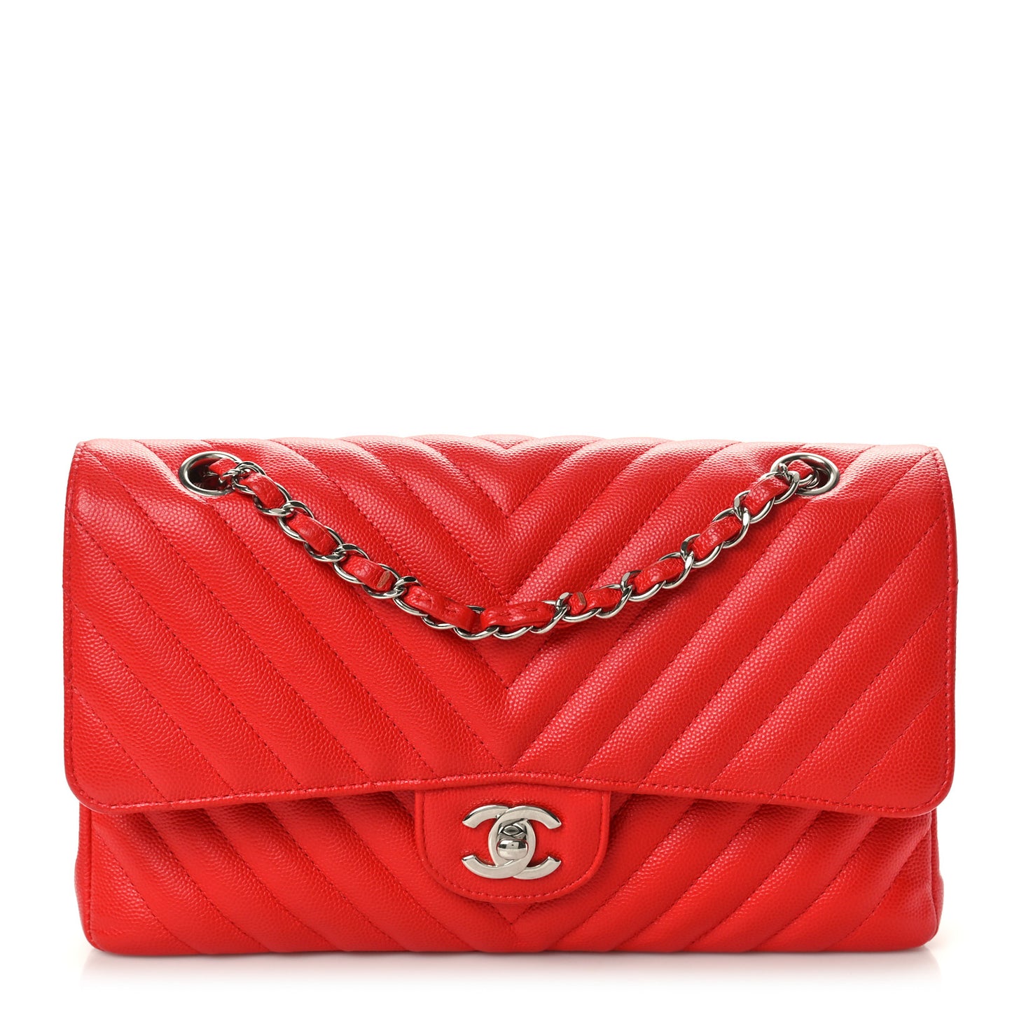 Caviar Chevron Quilted Medium Double Flap Red