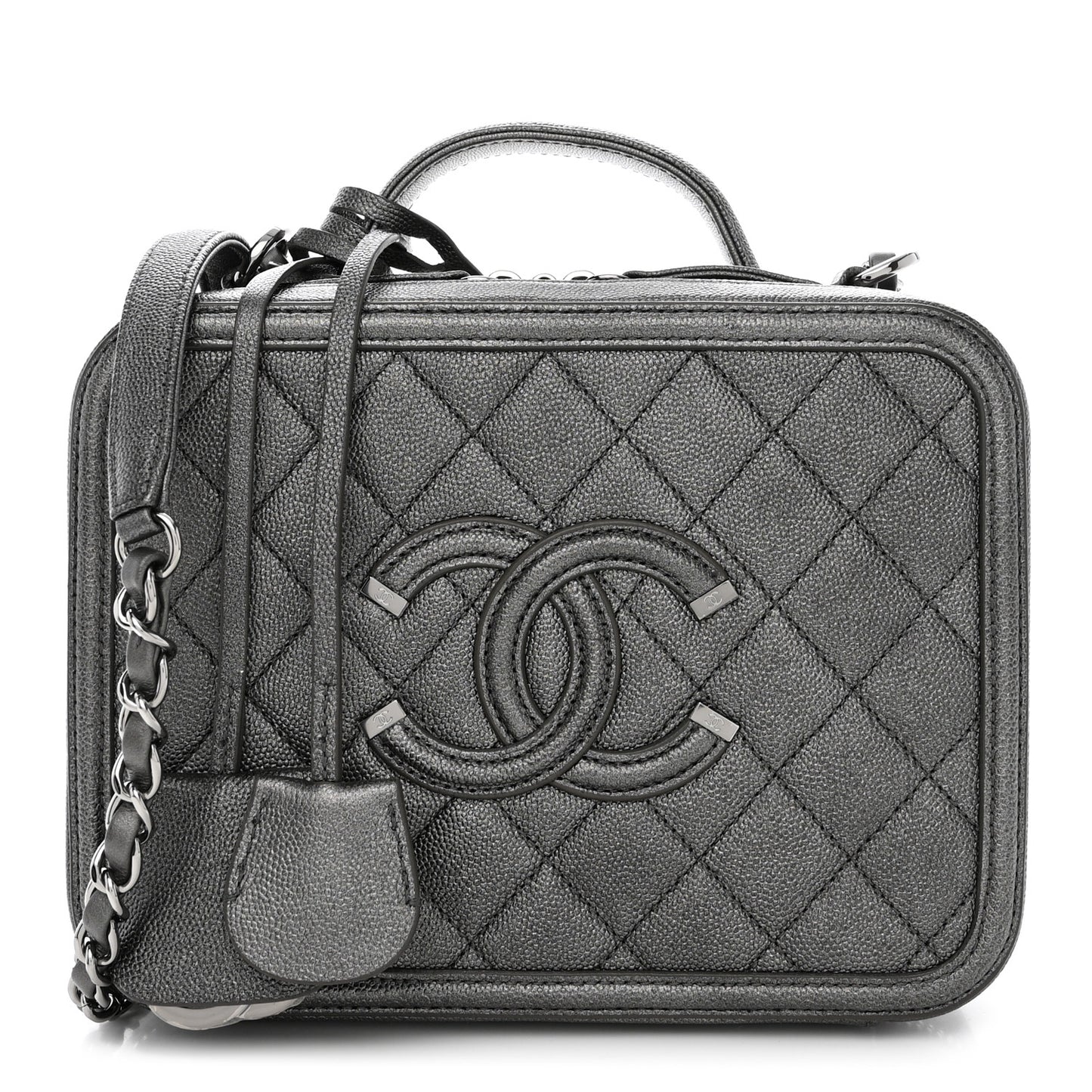 Metallic Caviar Quilted Medium CC Filigree Vanity Case Dark Silver
