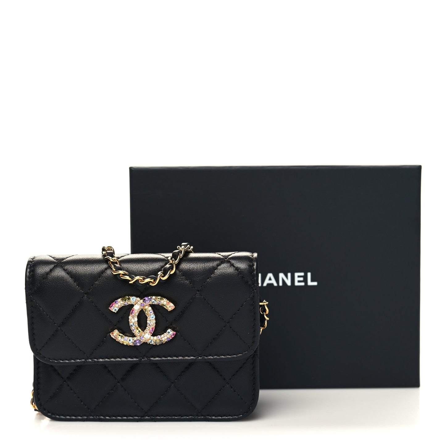 Lambskin Quilted Zirconium Clutch With Chain Black