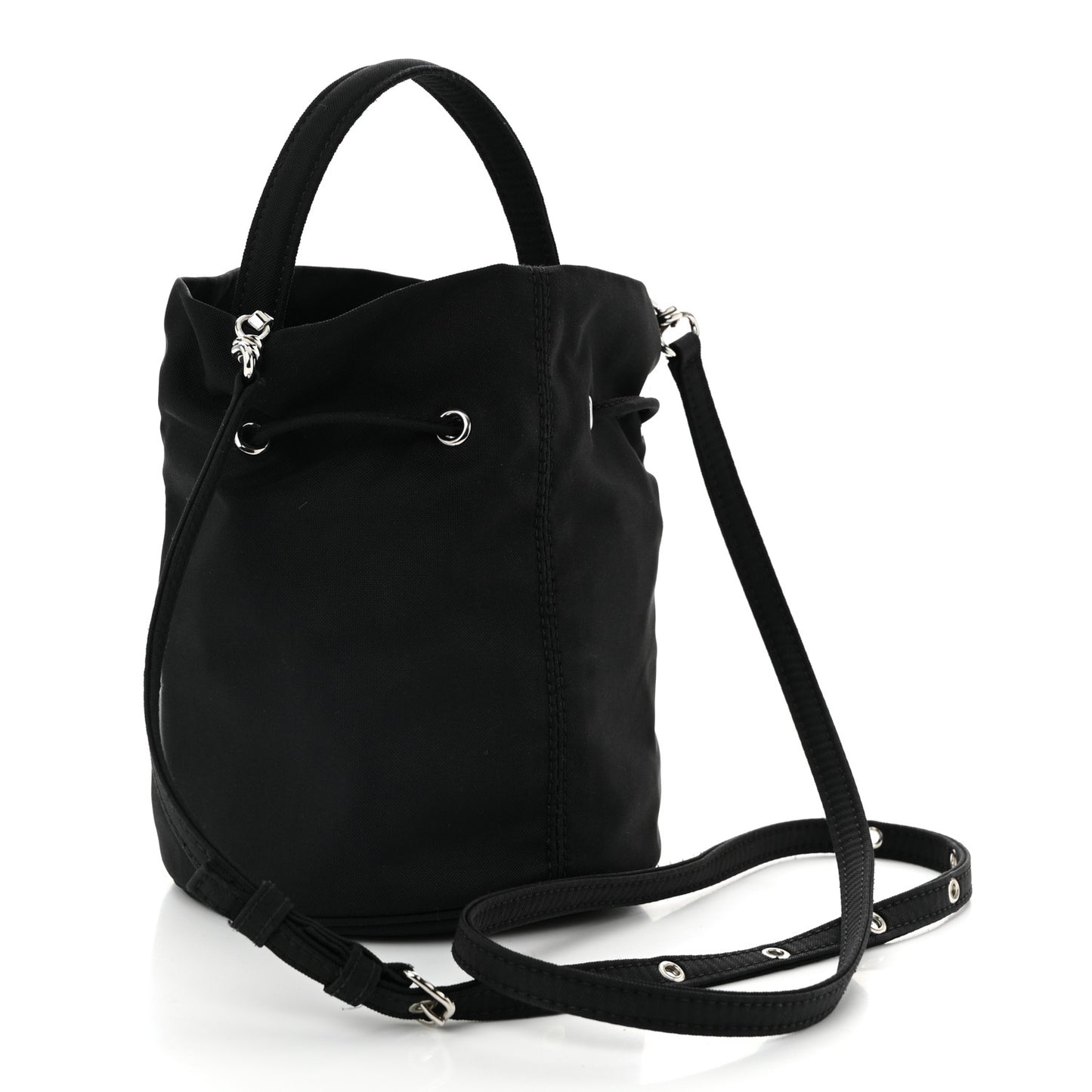 Recycled Sport Nylon Logo Embroidered Wheel Drawstring Bucket Bag Black White