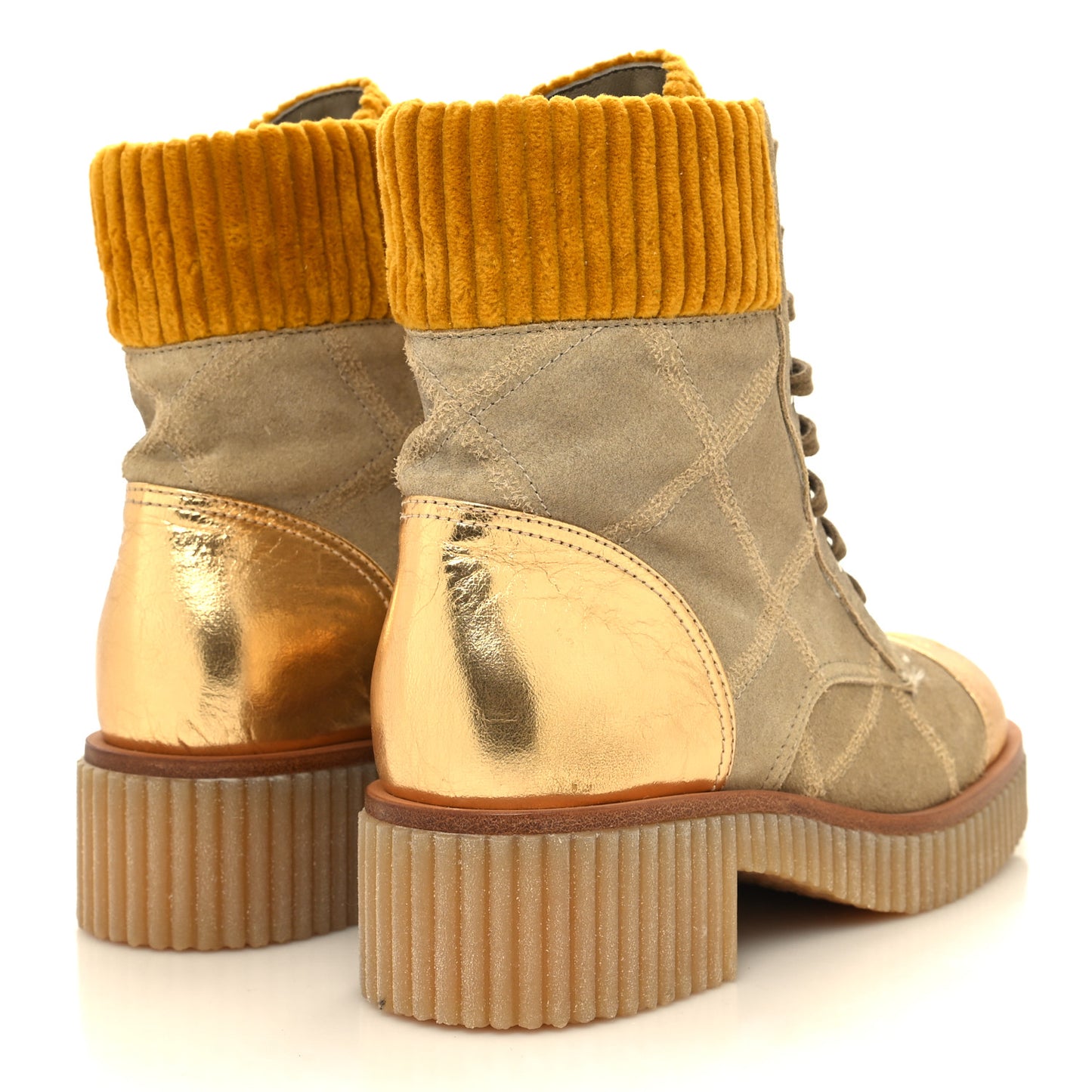 Suede Calfskin Velvet Laminated Quilted CC Combat Boots 38 Beige Yellow Gold