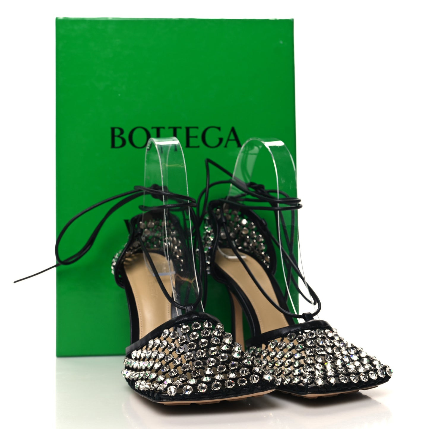 Mesh Nappa Crystal Embellished Sparkle Stretch Ankle Tie Sandals 37 Black
