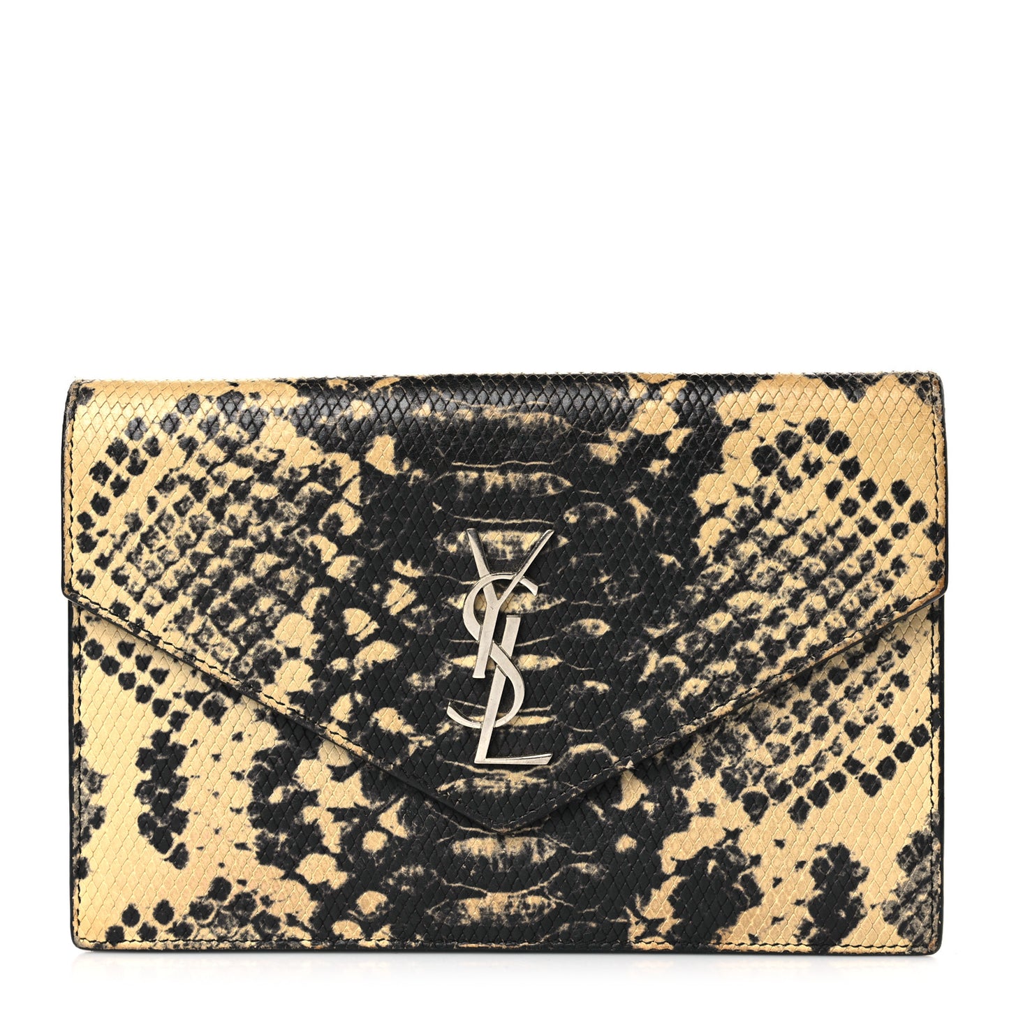 Calfskin Snakeskin Embossed Monogram Envelope Chain Wallet Beige Black