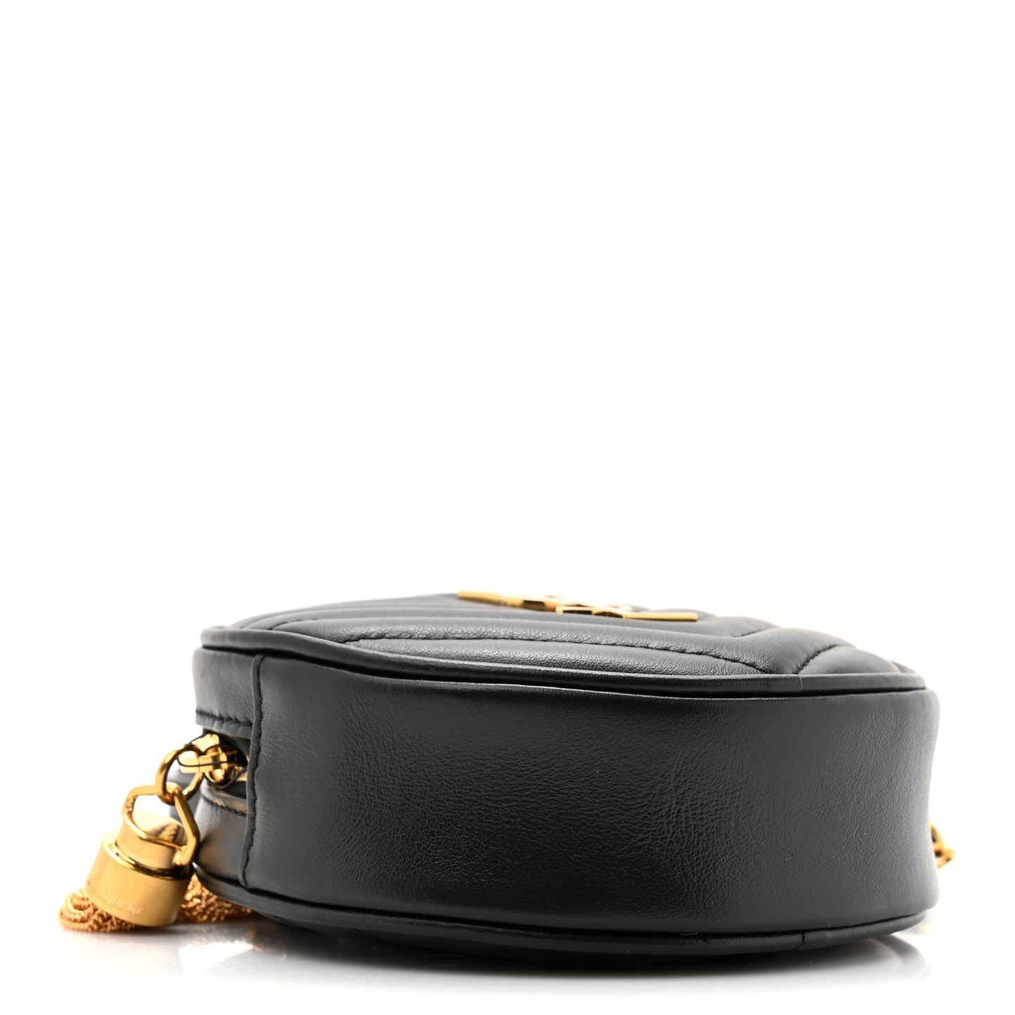 Calfskin Matelasse Chevron Quilted Baby Round Vinyle Belt Bag Black