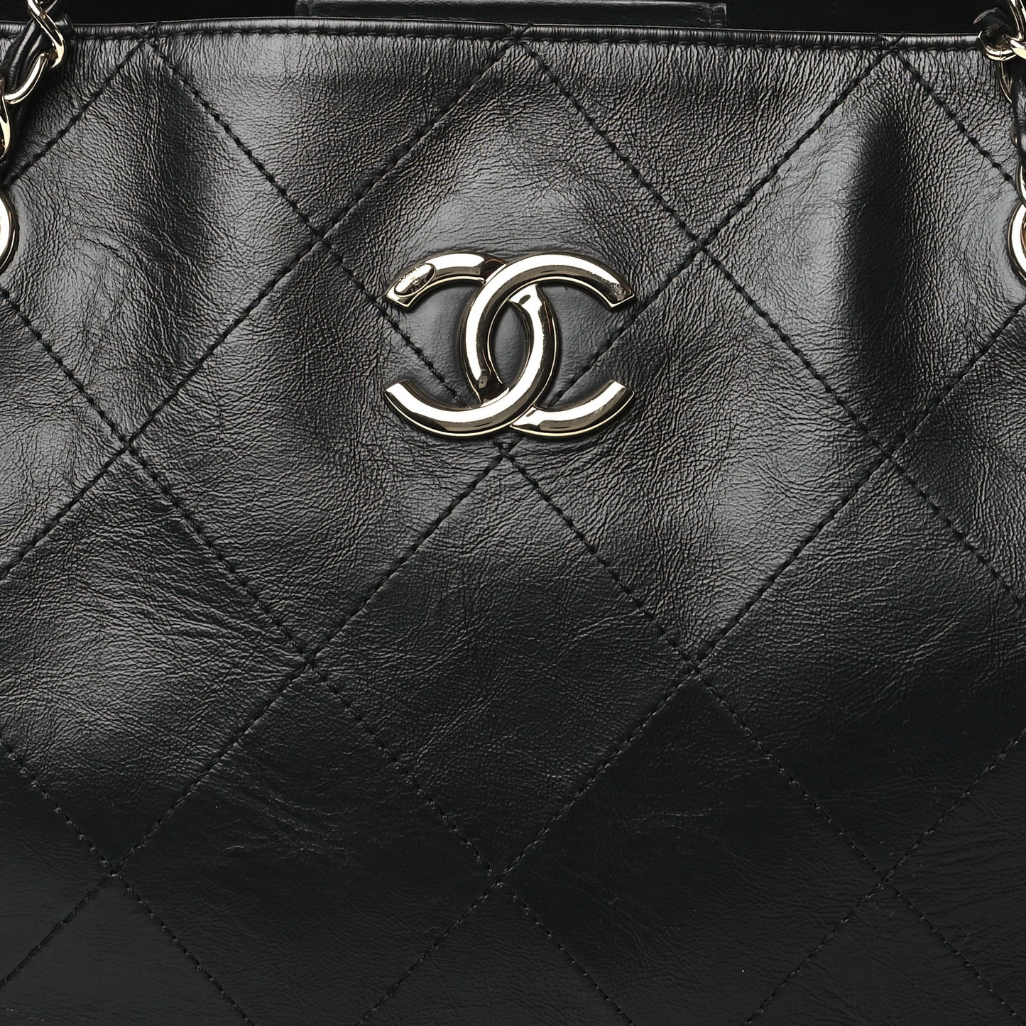 Glazed Calfskin Stitched Shopping Tote Black