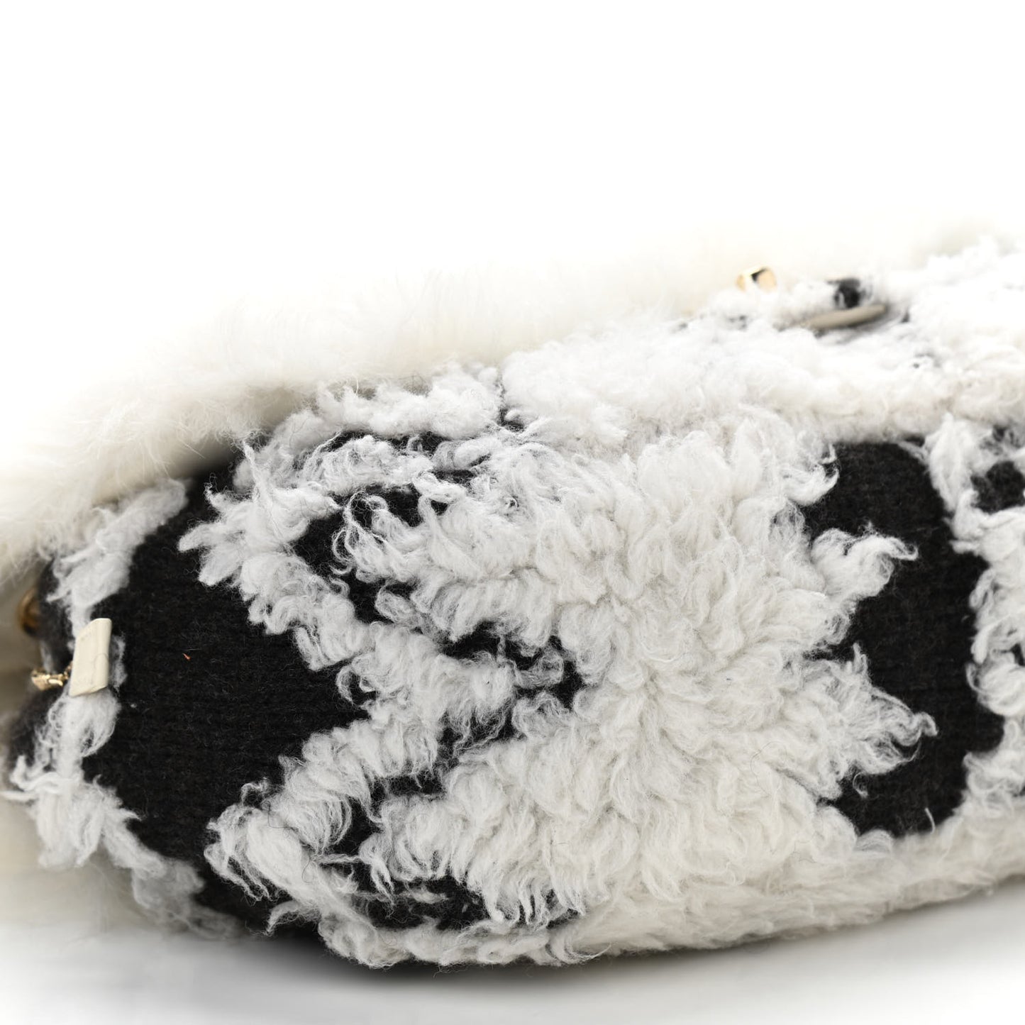 Wool Shearling Sheepskin Zip Around Flap Black Ecru