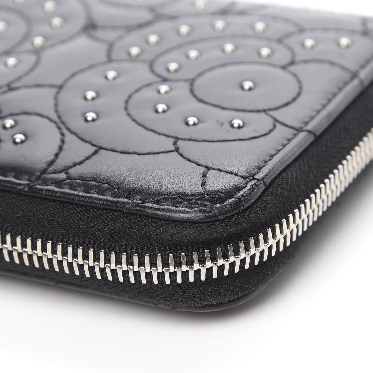 Lambskin Camellia Studded Large Gusset Zip Around Wallet Black