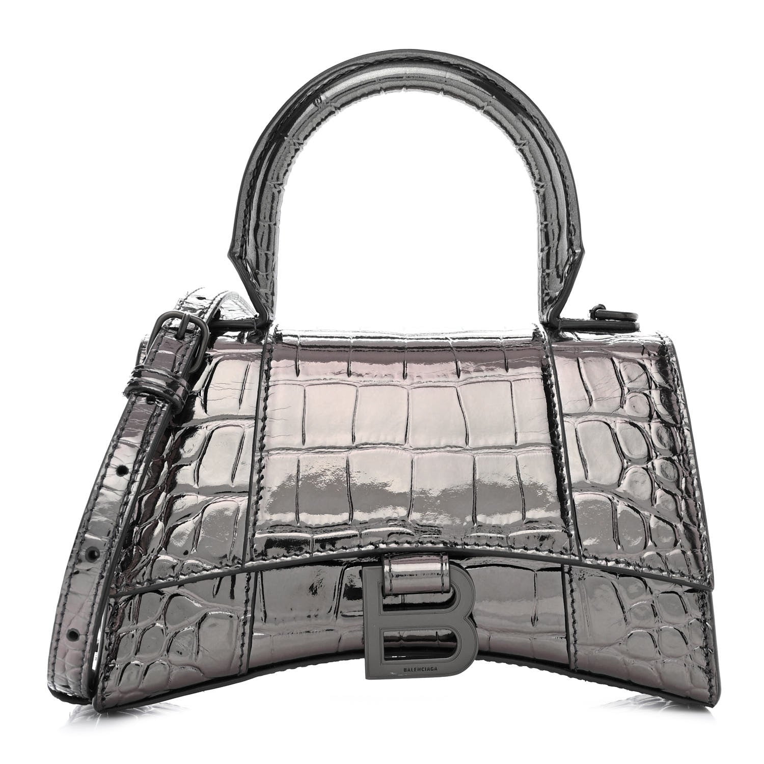 Balenciaga Metallic Shiny Calfskin Crocodile Embossed Hourglass Top Handle Bag XS Gunmetal 1 of 15