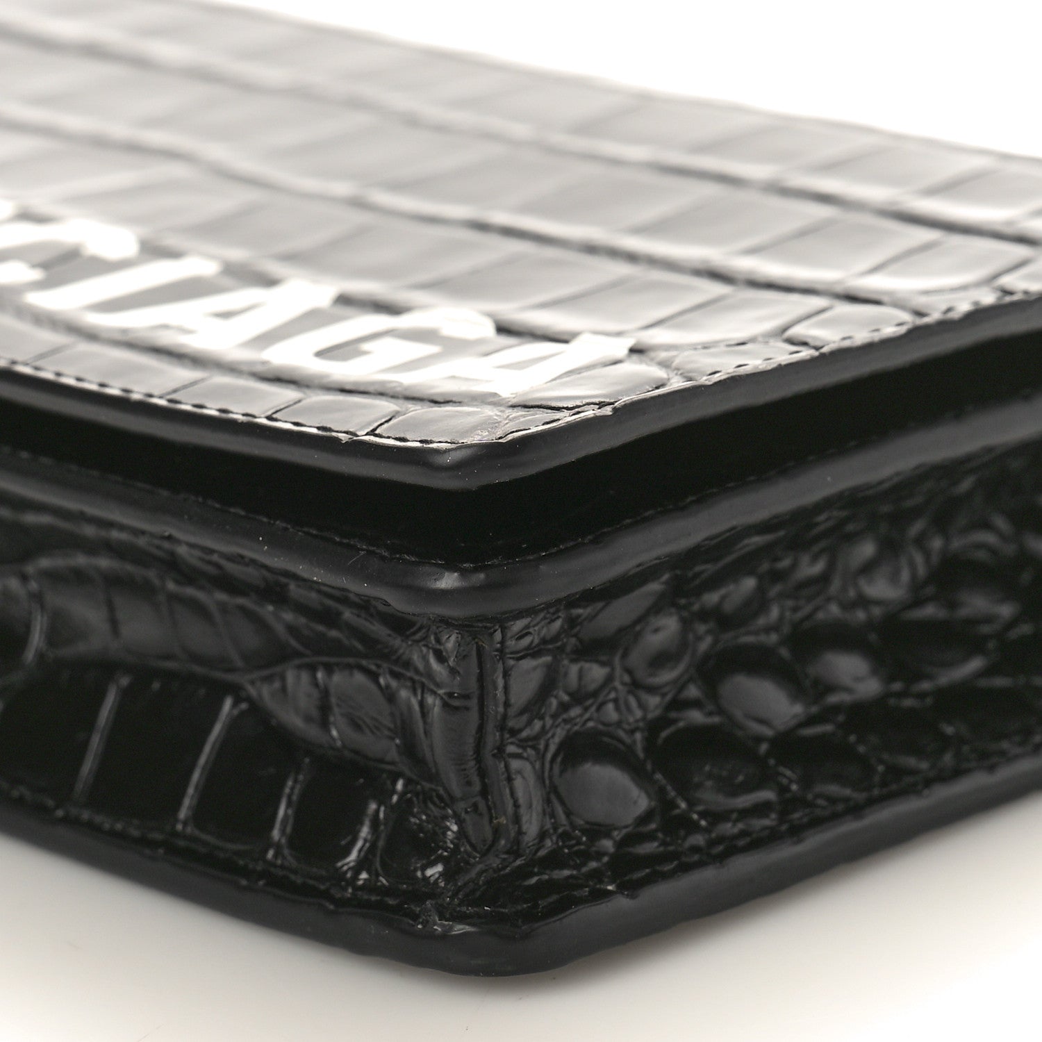 Balenciaga Shiny Calfskin Logo Crocodile Embossed Ville Wallet on Chain Black 10 of 13