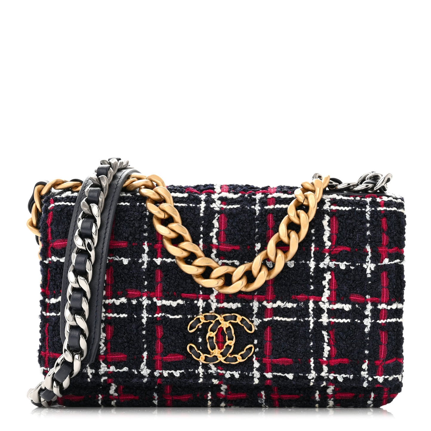 Tweed Quilted Chanel 19 Wallet On Chain WOC White Navy Blue Red