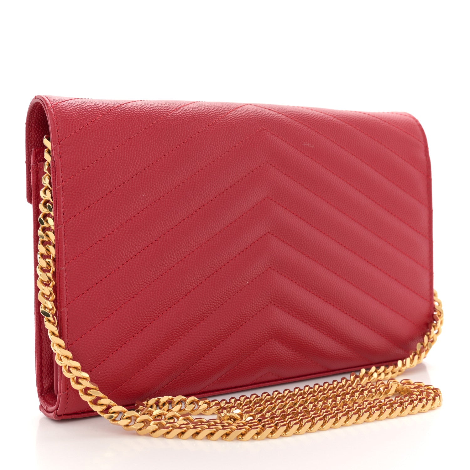 Saint Laurent Grain De Poudre Matelasse Chevron Monogram Chain Wallet Red 3 of 13