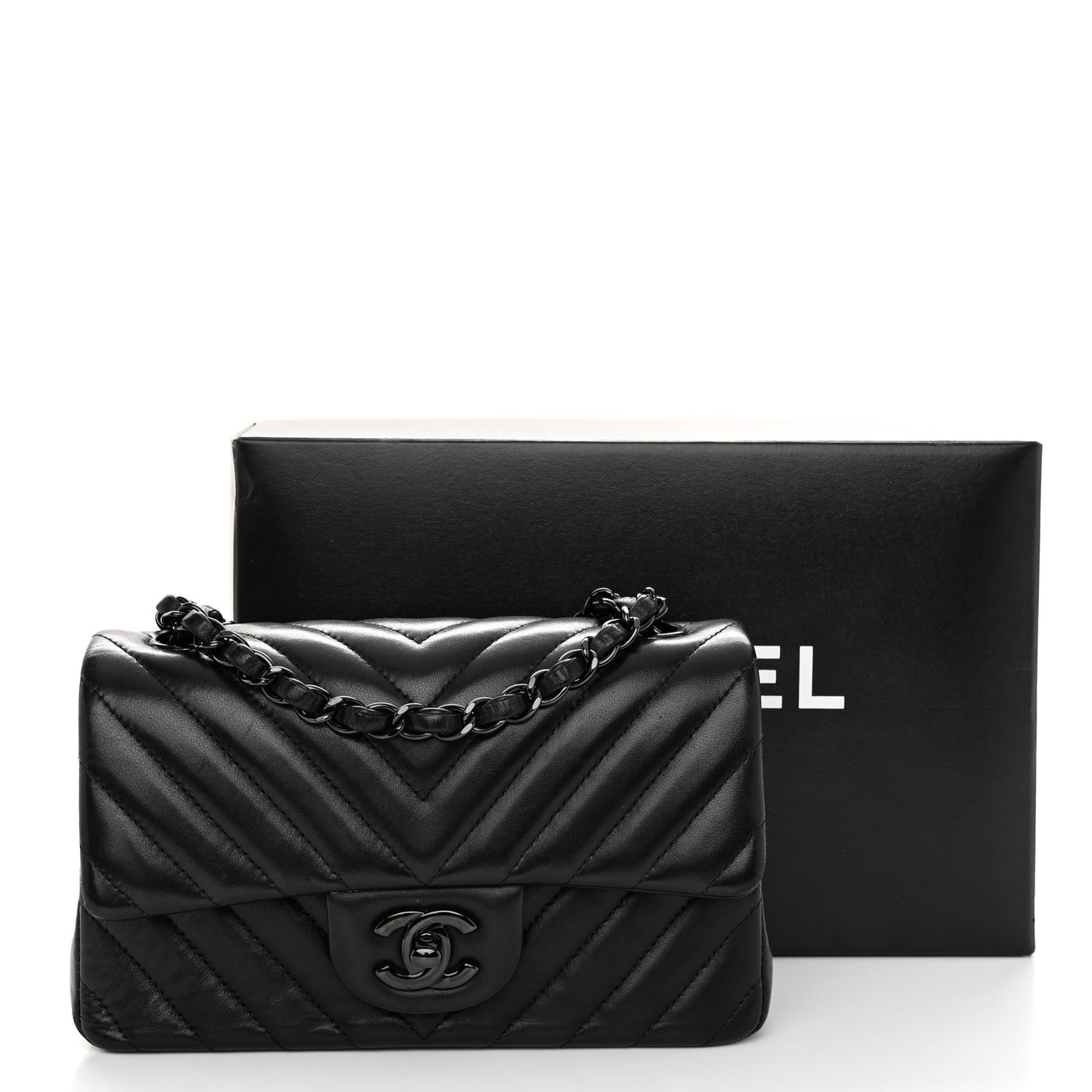 Lambskin Chevron Quilted Mini Rectangular Flap So Black