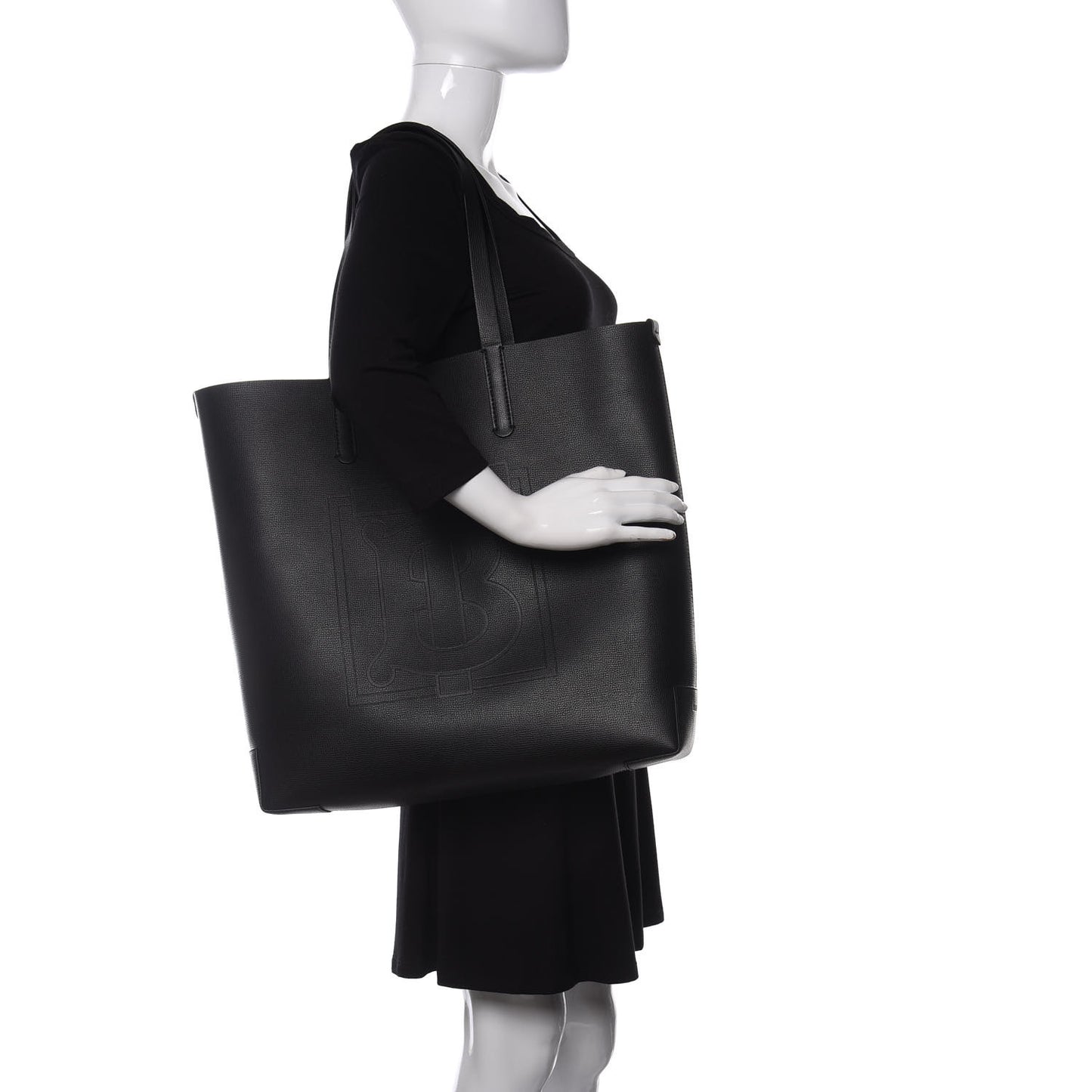 Calfskin TB Motif Embossed Tote Black