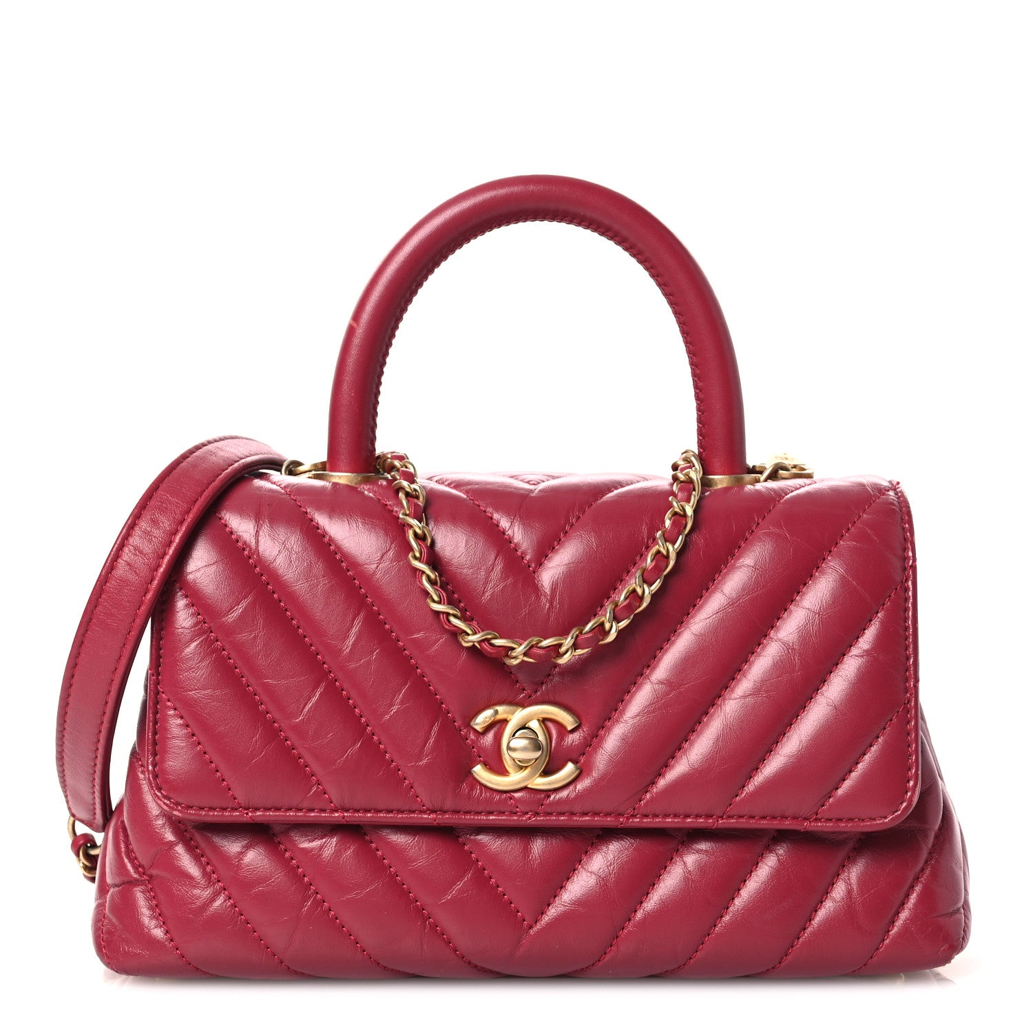 ココ　0527 Chanel Aged Calfskin Chevron Quilted Mini Coco Handle Flap Dark