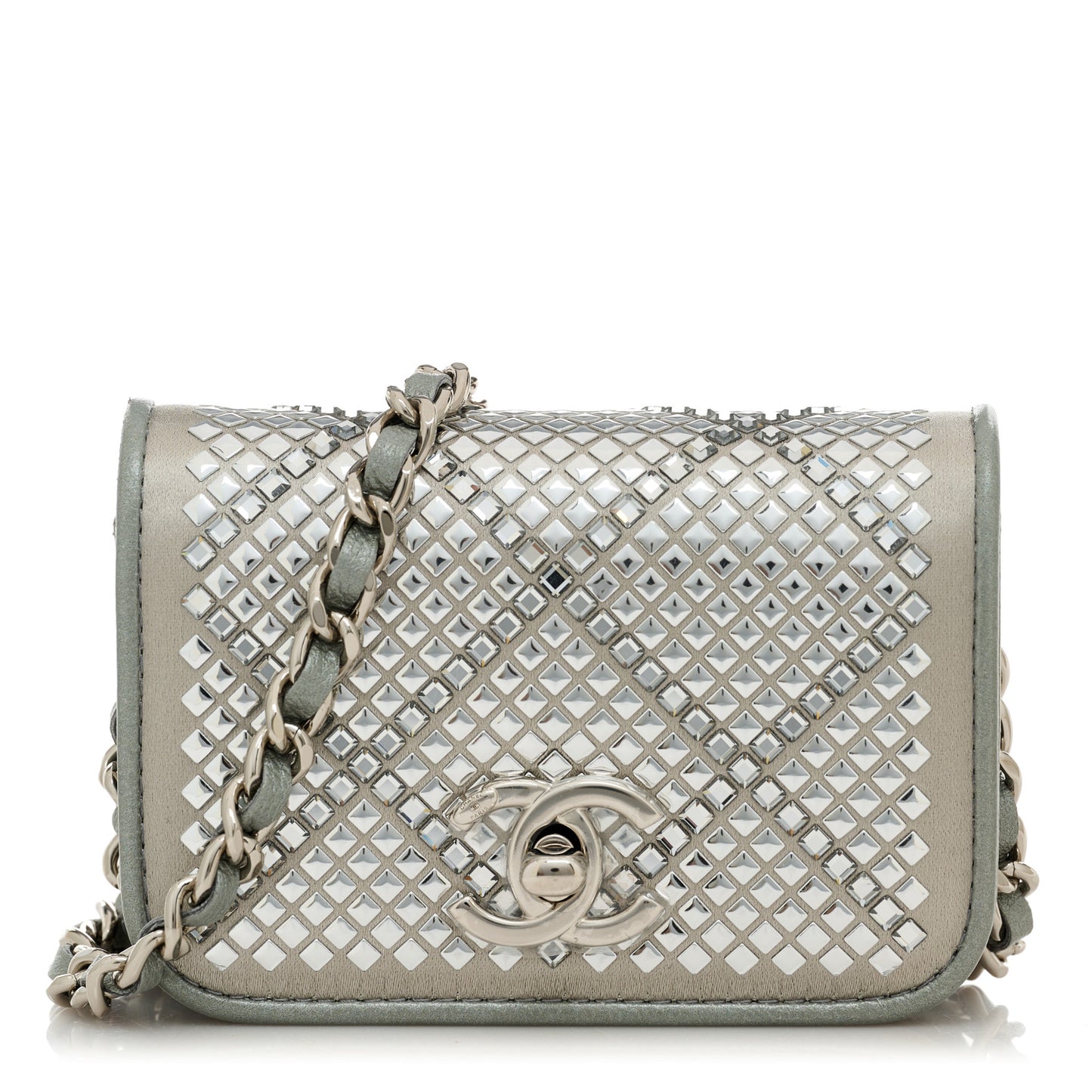 Metallic Lambskin Crystal Quilted Mini Chain Belt Bag Silver