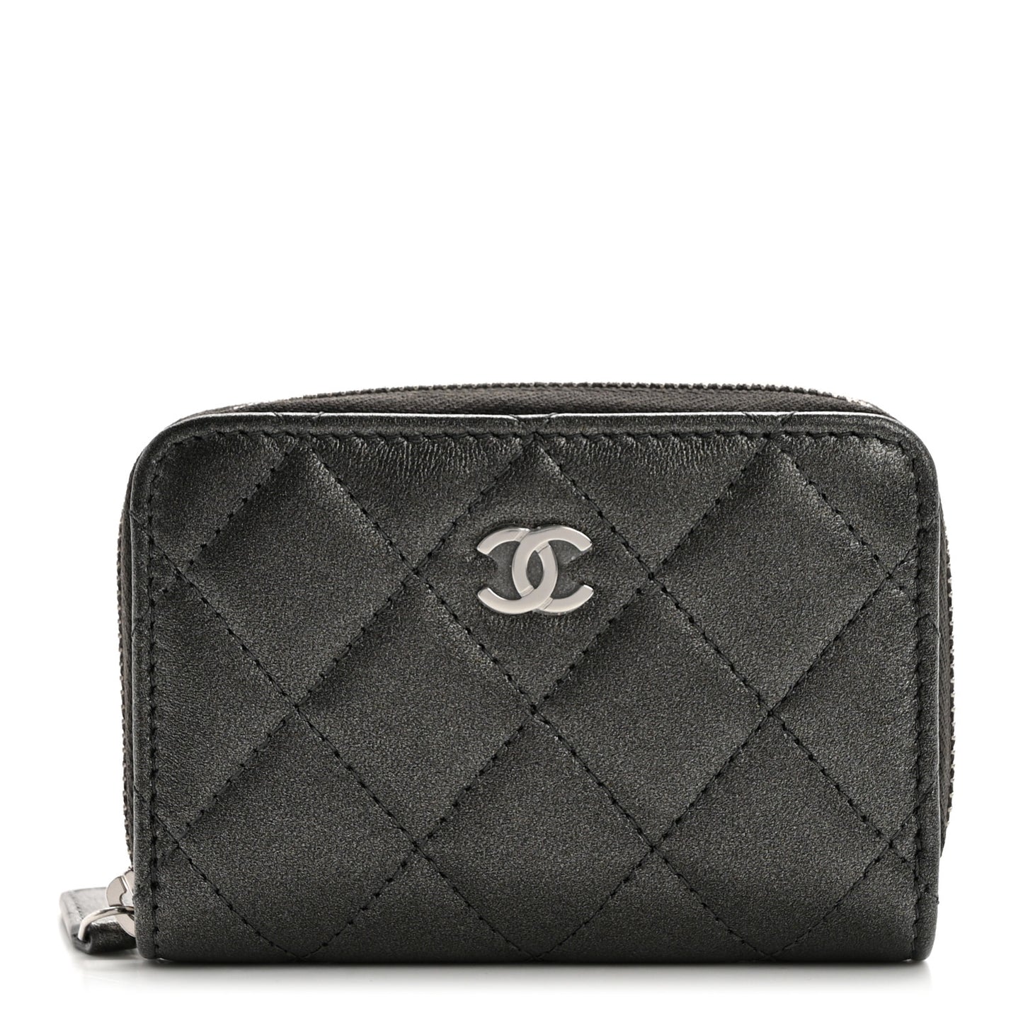 Iridescent Calfskin Quilted Zip Coin Purse Wallet Grey