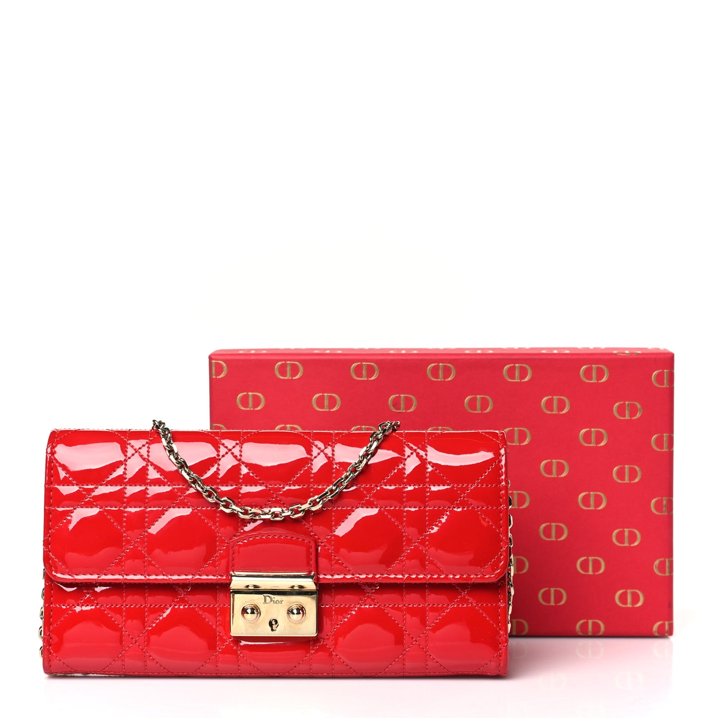 Patent Cannage Miss Dior Chain Wallet Red