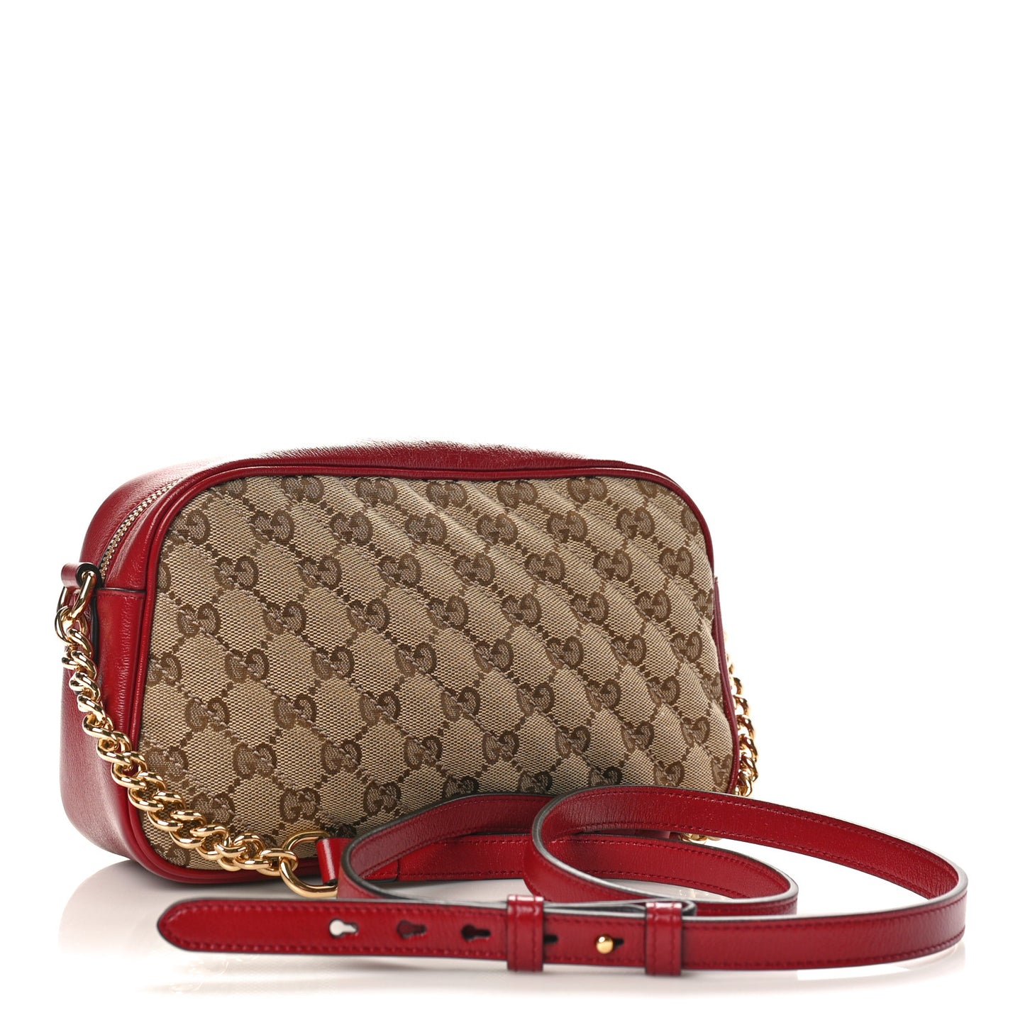 Monogram Azalea Calfskin Matelasse Diagonal Small GG Marmont Chain Shoulder Bag Beige Ebony New Cherry Red