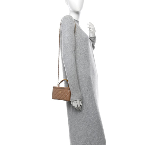 Lambskin Quilted Metal Small Top Handle Vanity Case With Chain Beige