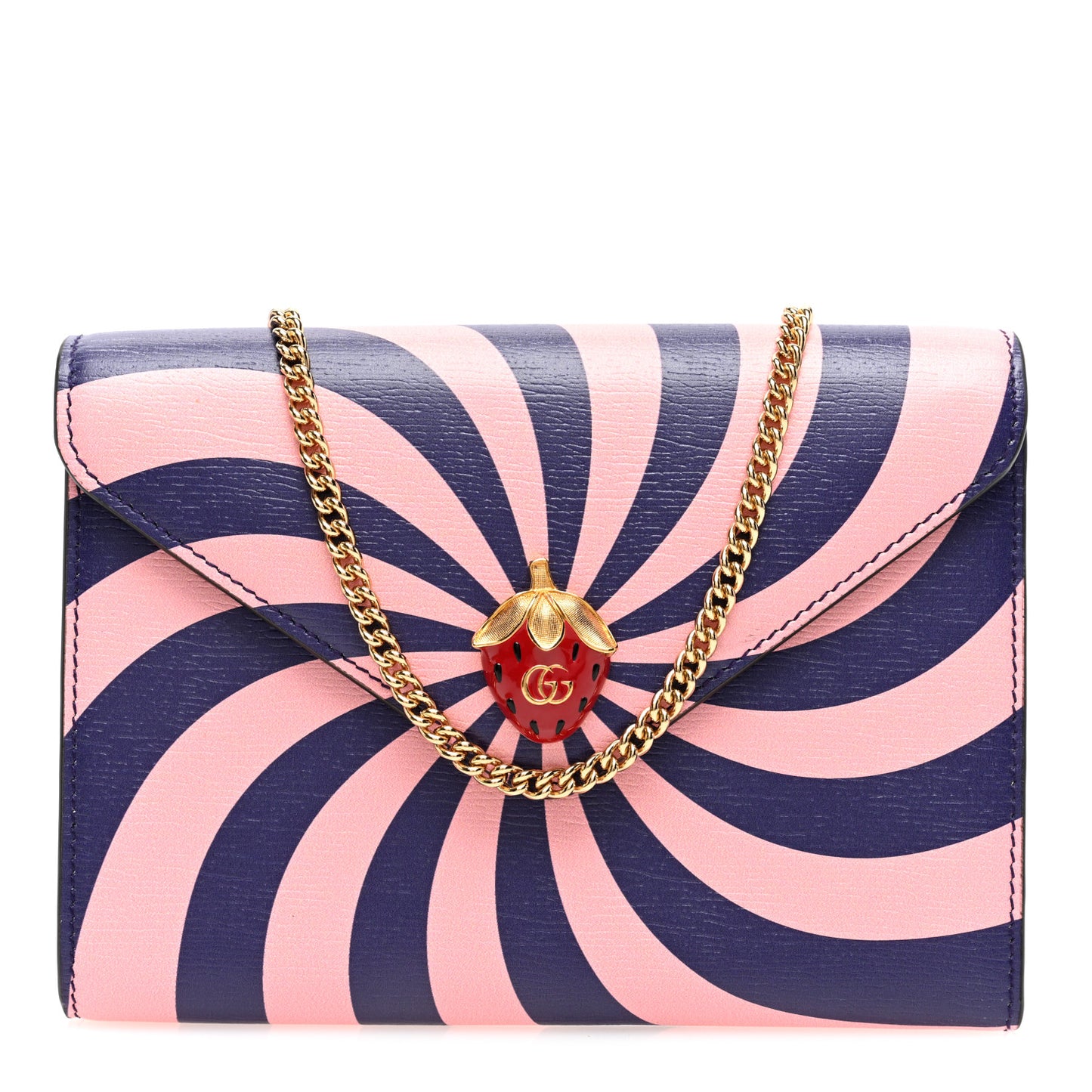 Textured Dollar Calfskin Enamel Double G Strawberry Wallet On Chain Pink Blue
