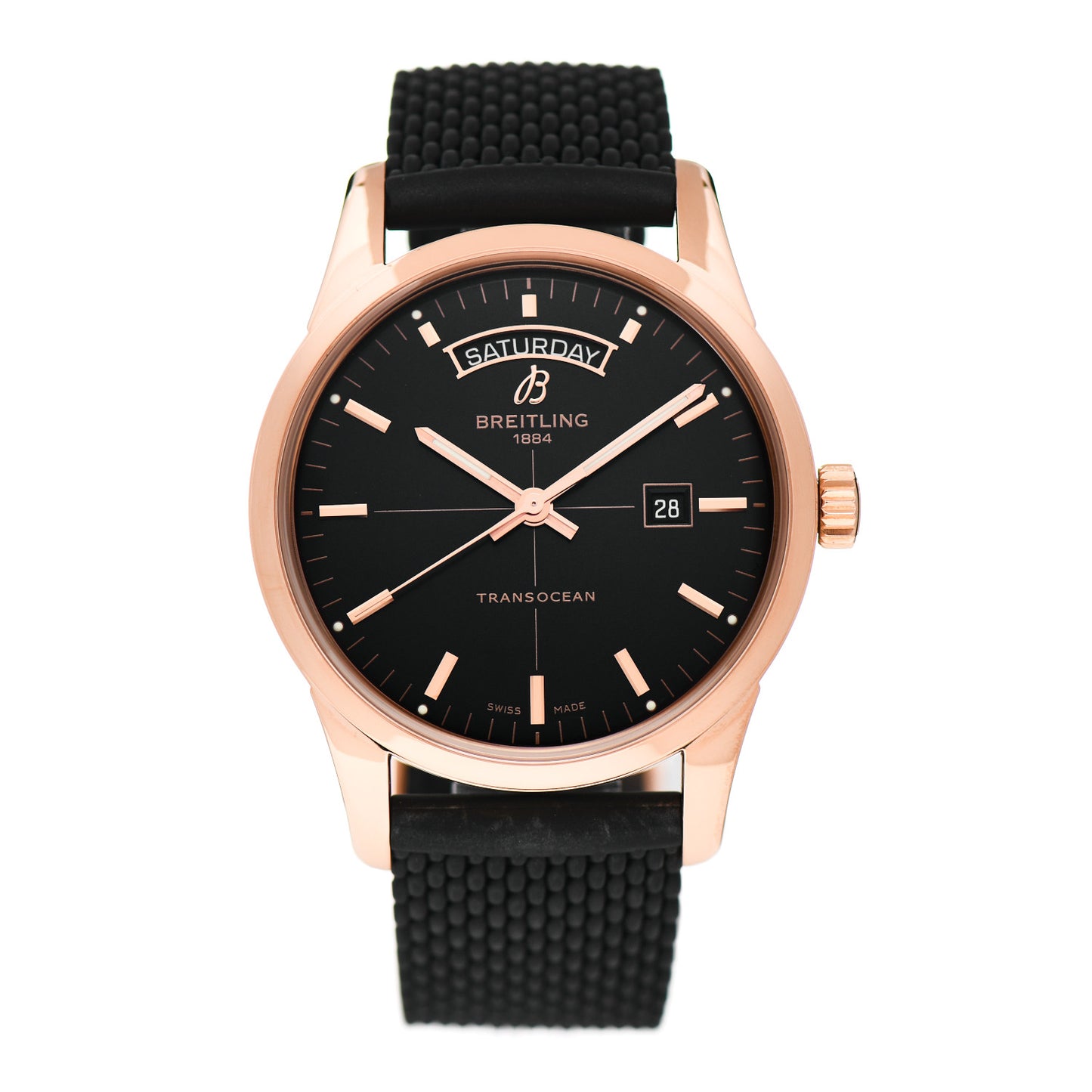 18K Rose Gold Rubber 43mm Transocean Automatic Watch Black R4531012