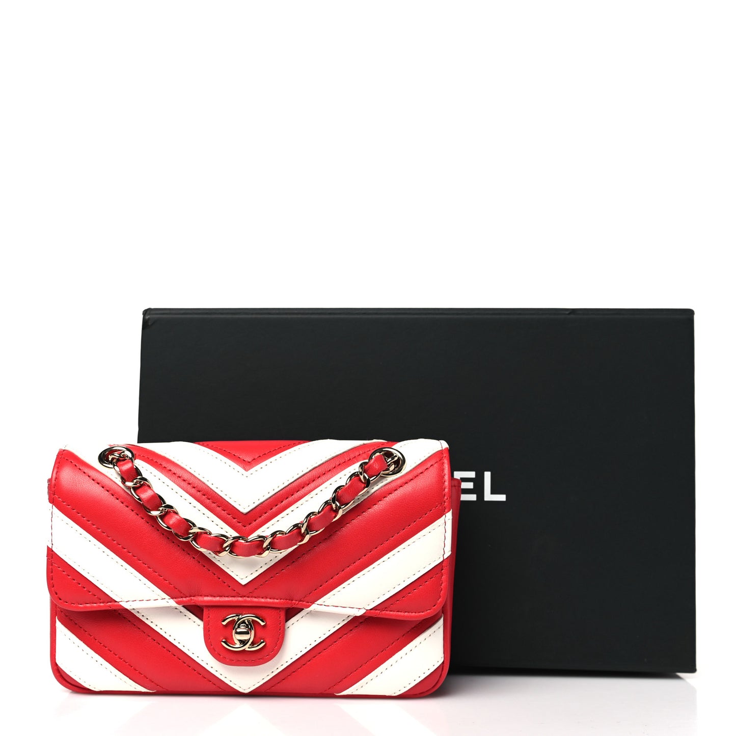 Lambskin Chevron Stitched Flap White Red