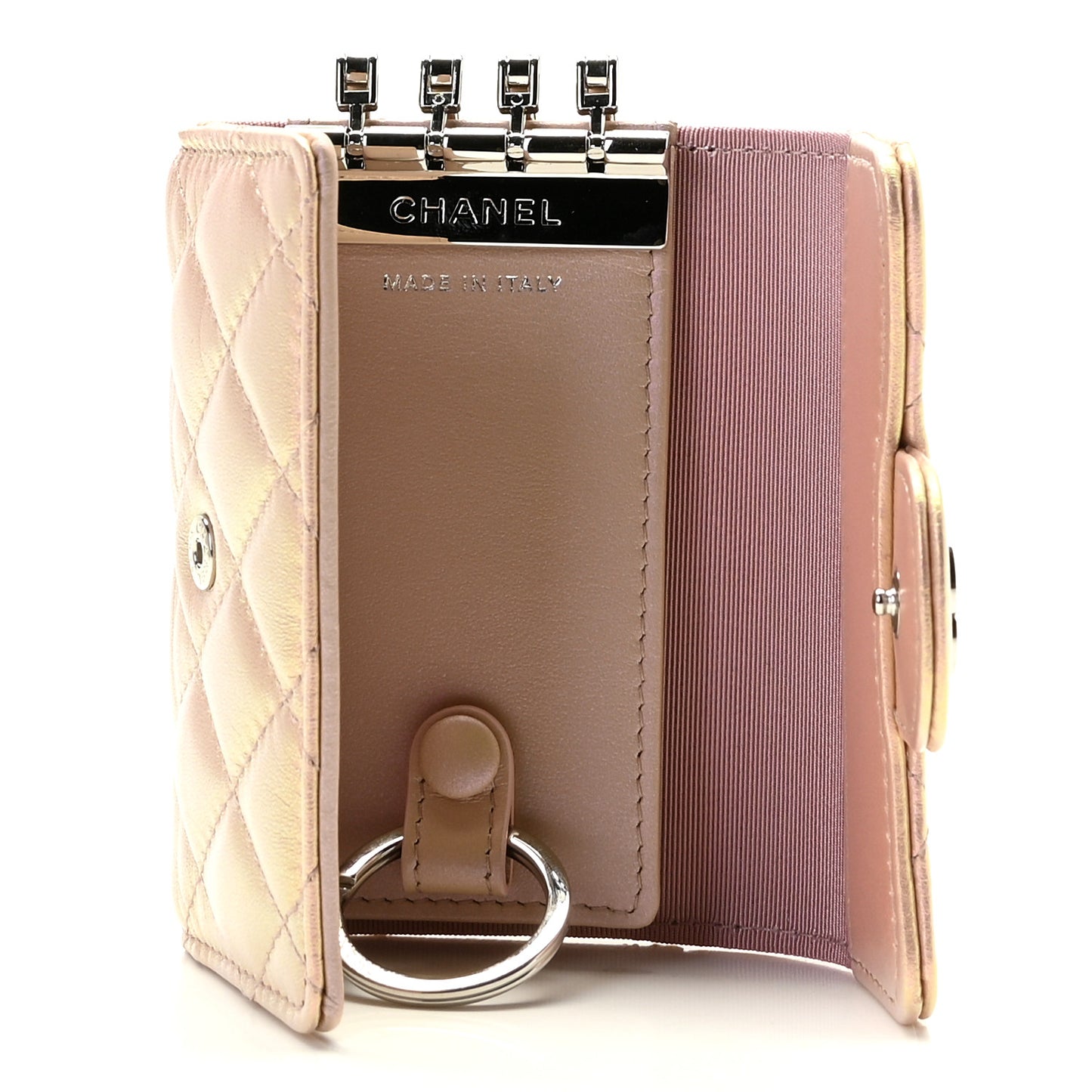 Iridescent Calfskin Quilted Classic 4 Key Holder Wallet Pink