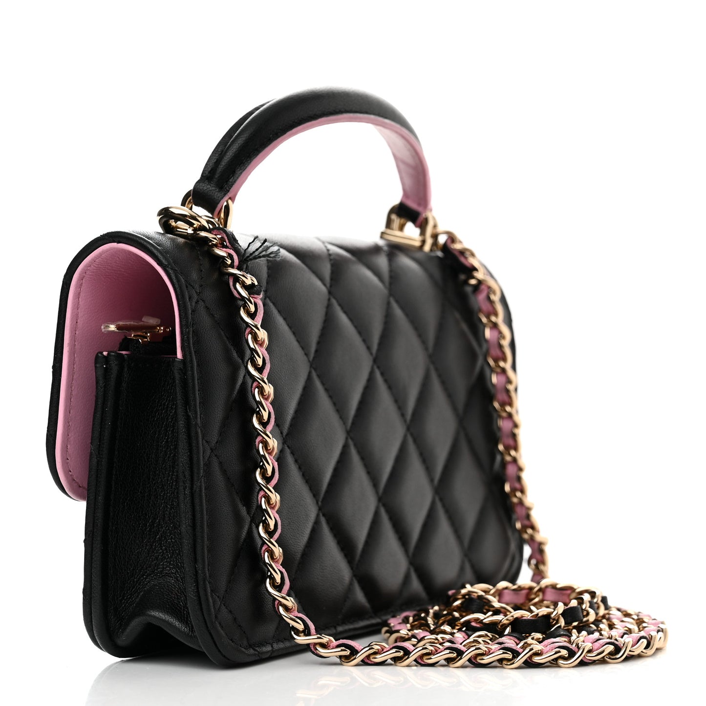 Lambskin Quilted Flap Phone Holder With Chain Black Lilac