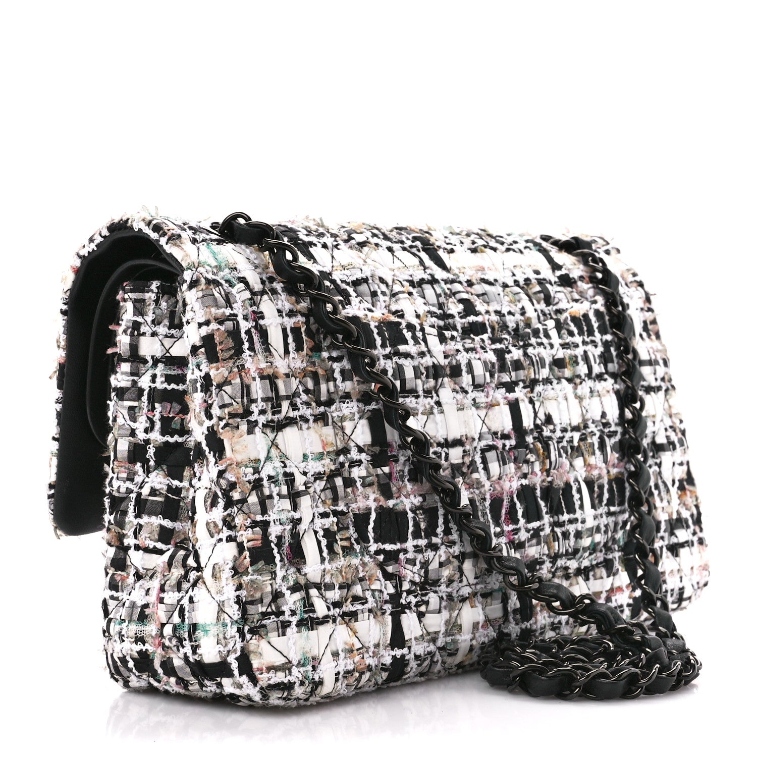 Chanel Tweed Quilted Medium Double Flap White Black Multicolor 3 of 11
