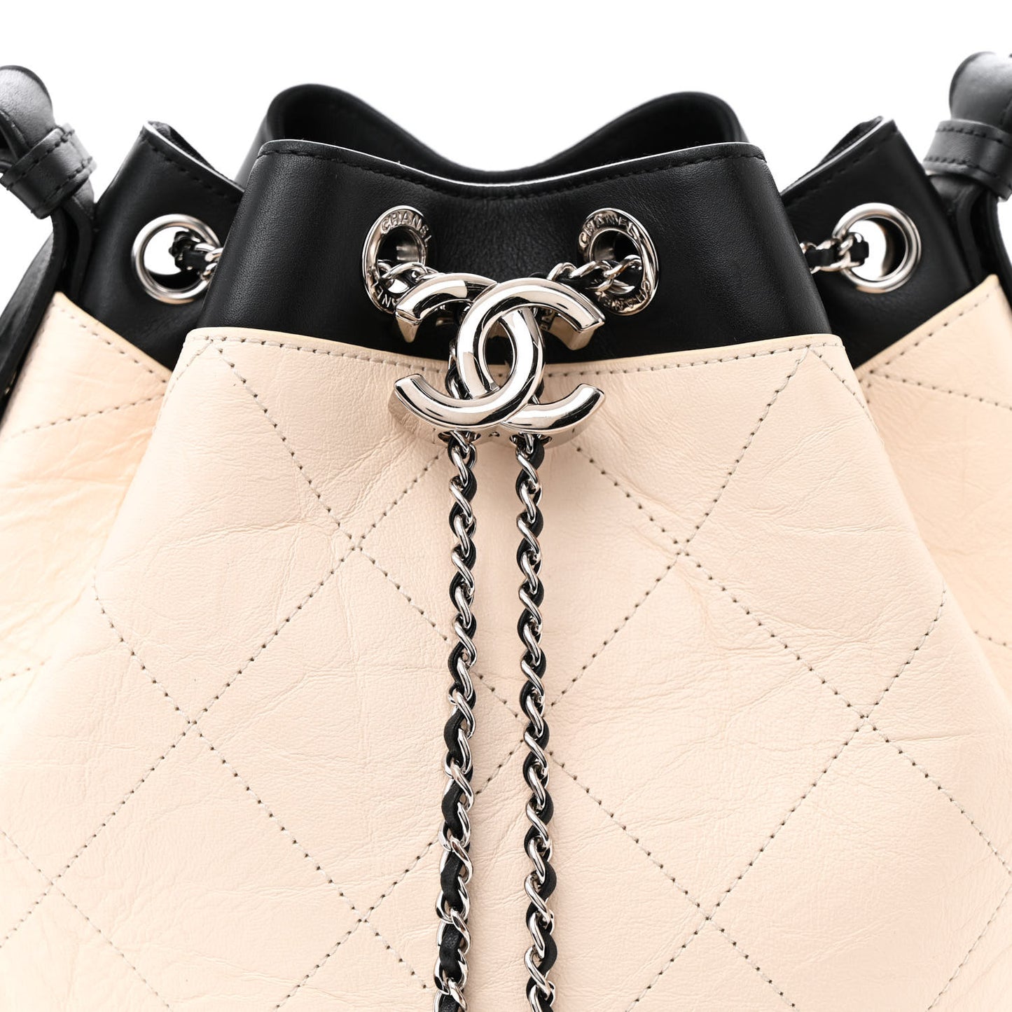 Aged Calfskin Quilted CC Chain Bucket Drawstring Bag Ivory Black