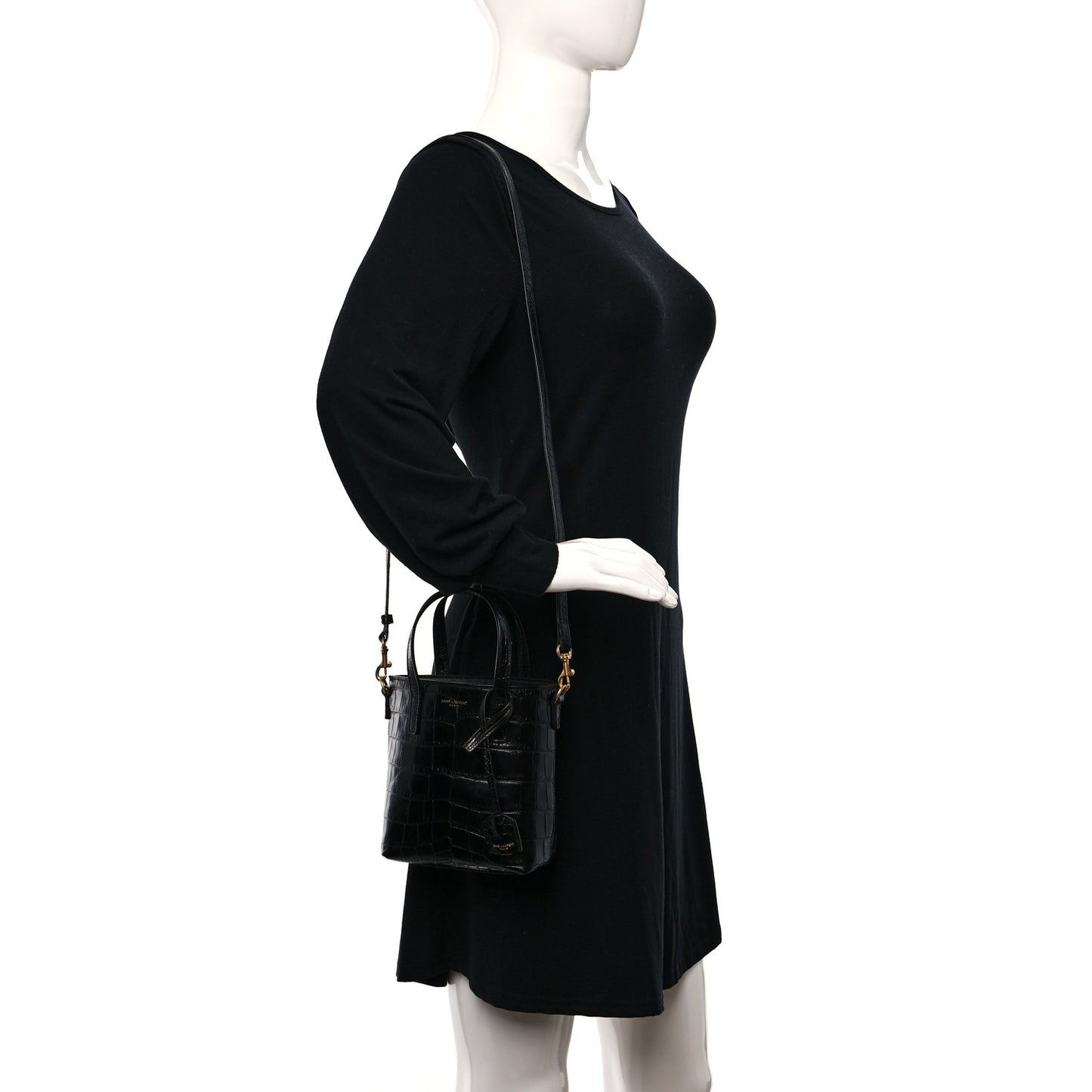 Calfskin Crocodile Embossed Paris Mini Toy Shopper Tote Black