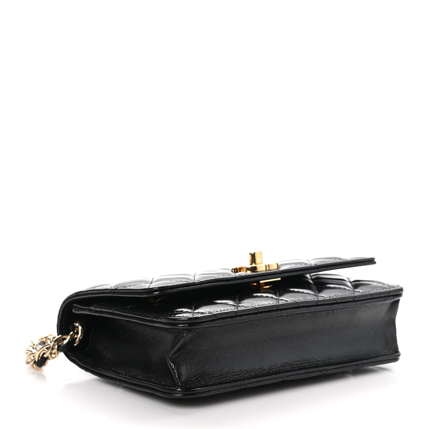 Shiny Lambskin Quilted Golden Links Wallet On Chain WOC Black