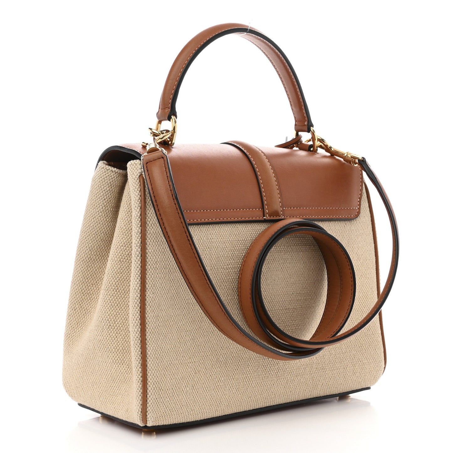Canvas Calfskin Small 16 Top Handle Bag Natural Tan