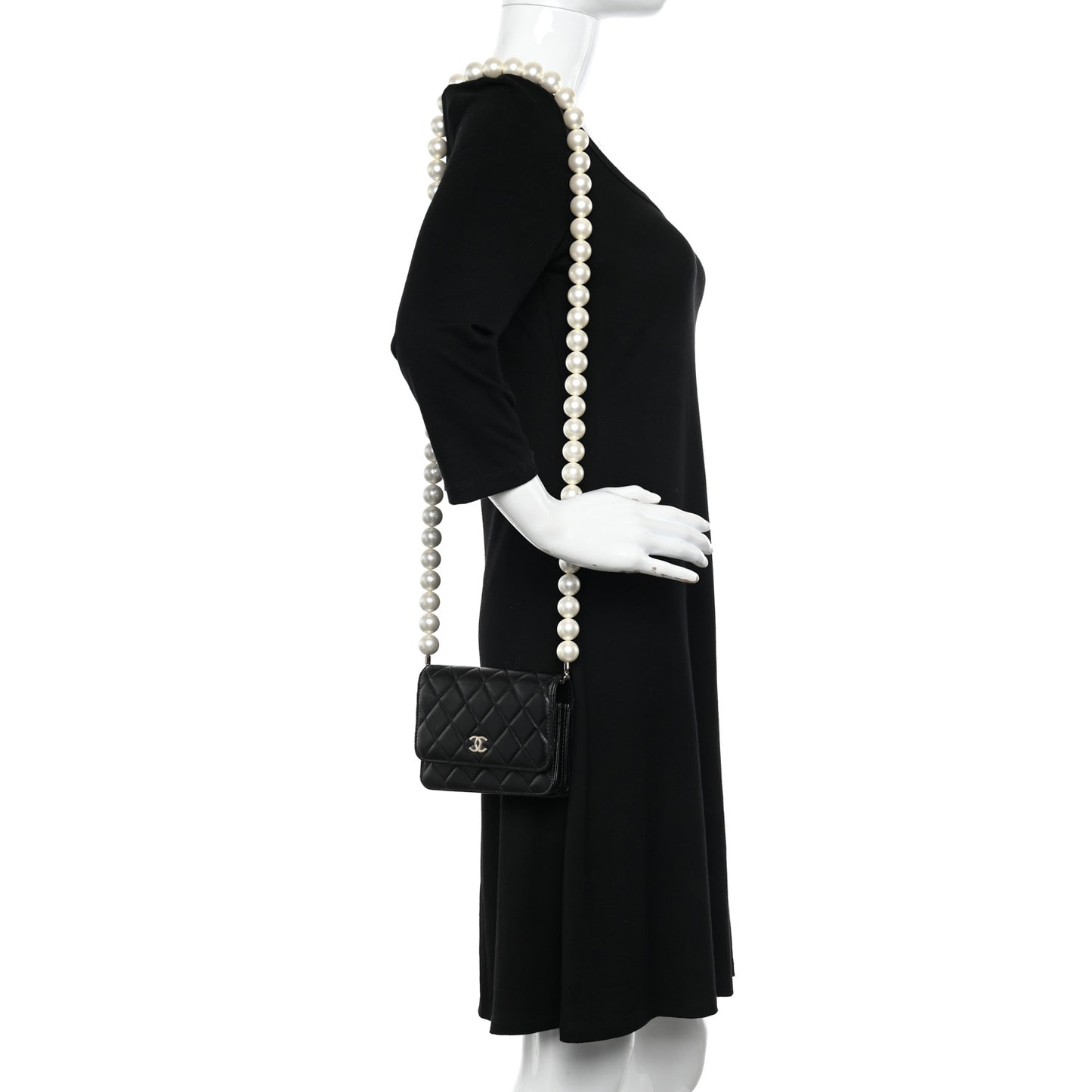 Calfskin Quilted Mini Maxi Pearls Wallet On Chain WOC Black