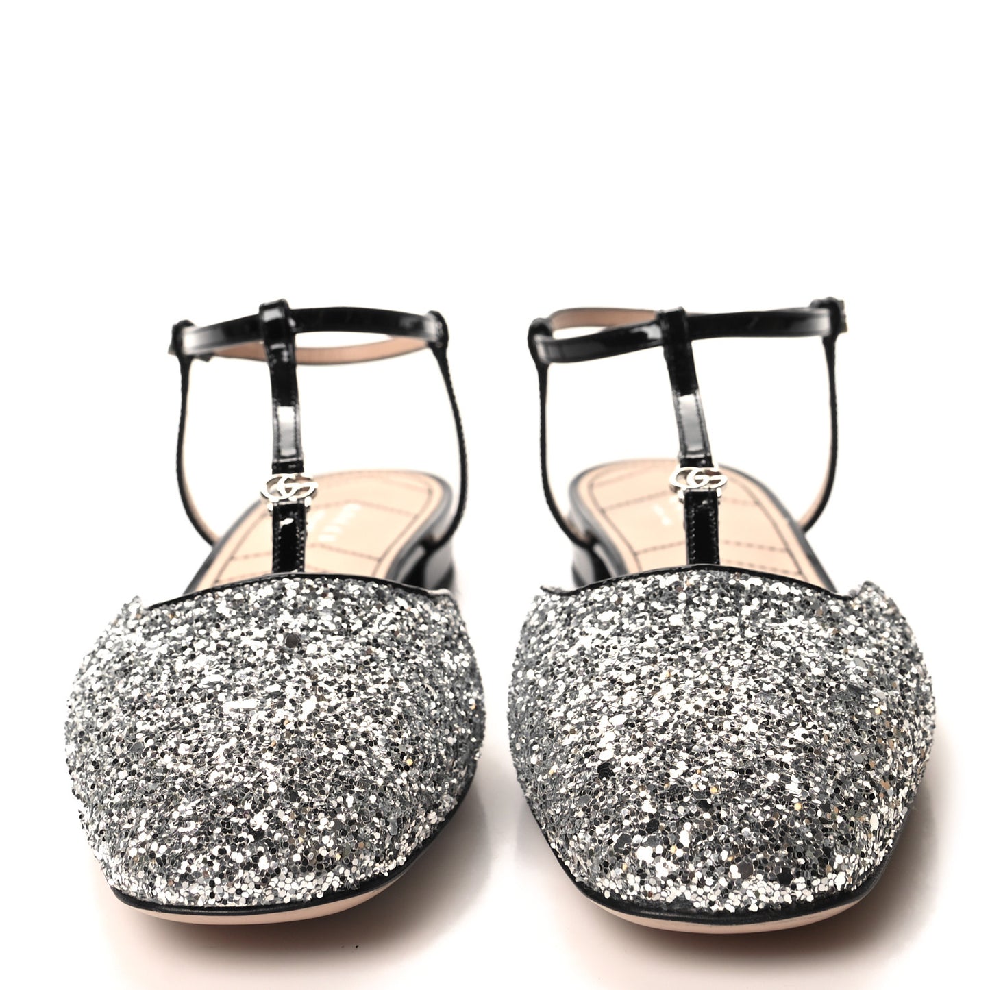 Calfskin Glitter Double G Slingback Flats 38 Silver Black