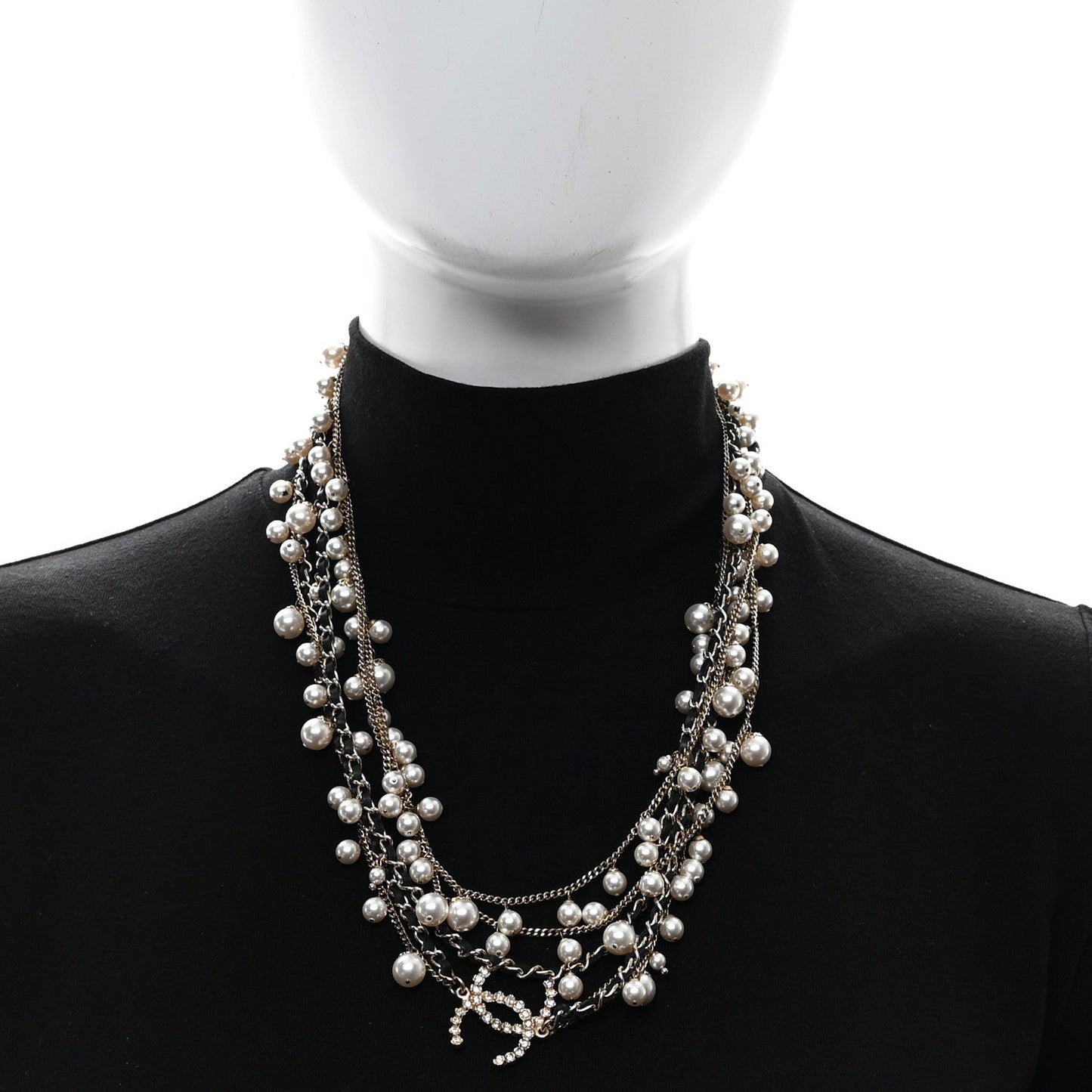 Lambskin Pearl Crystal CC Chain Multi Strand Necklace Black Gold Pearly White