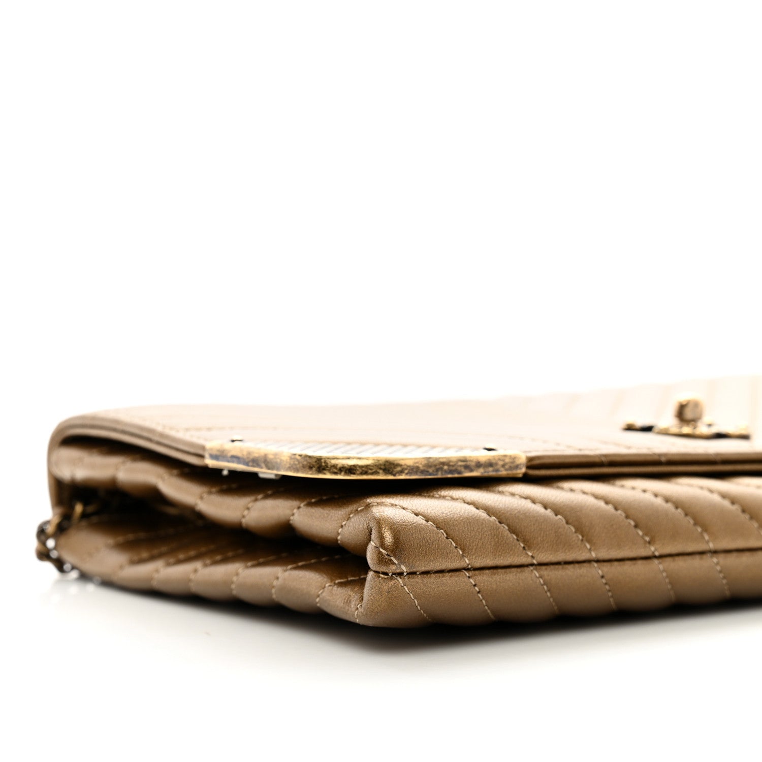 Chanel Metallic Lambskin Chevron Quilted Rock The Corner Clutch With Chain Bronze 9 of 10