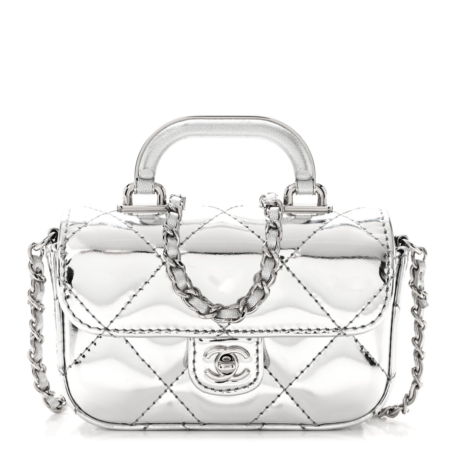 CHANEL シルバー レザー手袋　サイズ7 Chanel Mirror Calfskin Small Top Handle Clutch With Chain Silver