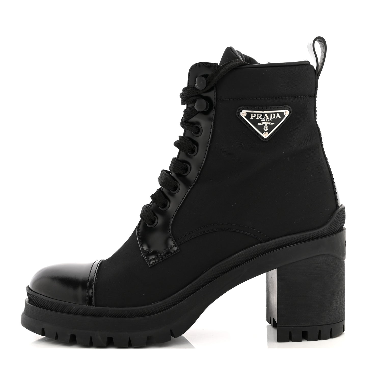 Spazzolato Re-Nylon Metal Triangle Logo Lace Up 55mm Ankle Boots 38.5 Black