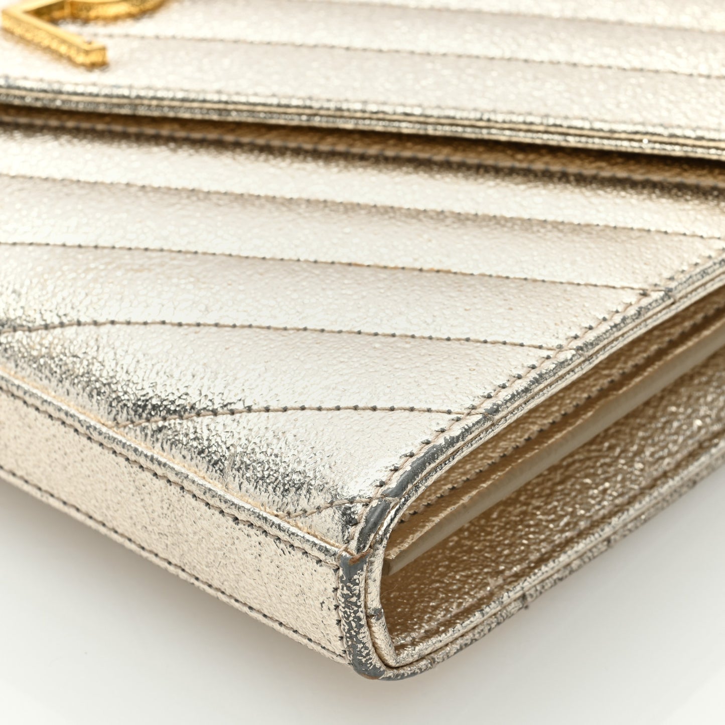 Metallic Crackled Calfskin Matelasse Chevron Monogram Chain Wallet Gold