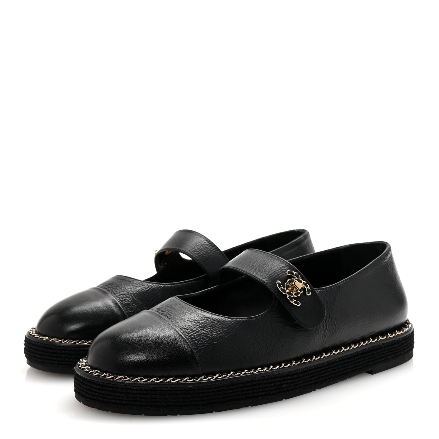 Crumpled Lambskin Cap Toe Chain CC Turnlock Mary Jane Flats 37 Black
