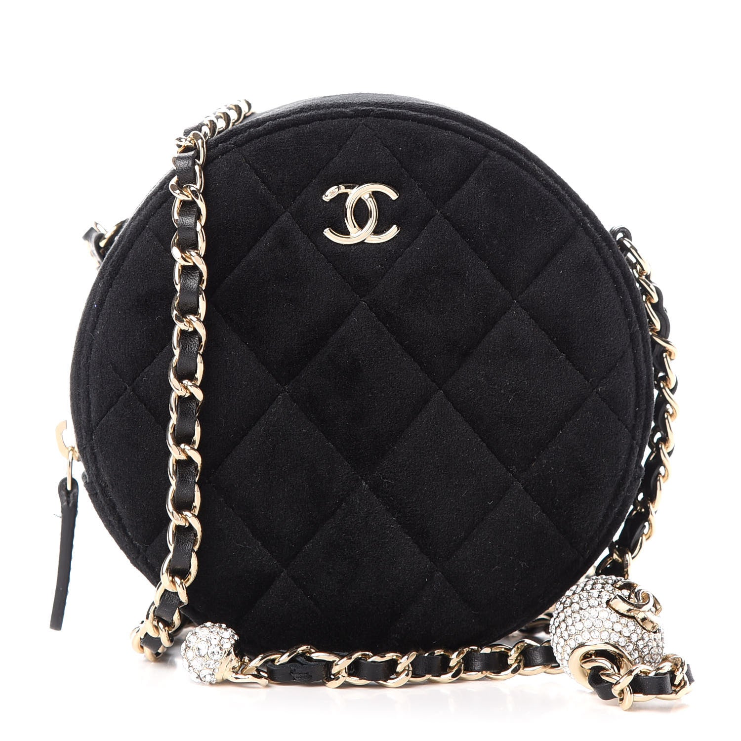 Chanel Velvet Quilted Pearl Crush Round Clutch With Chain Black