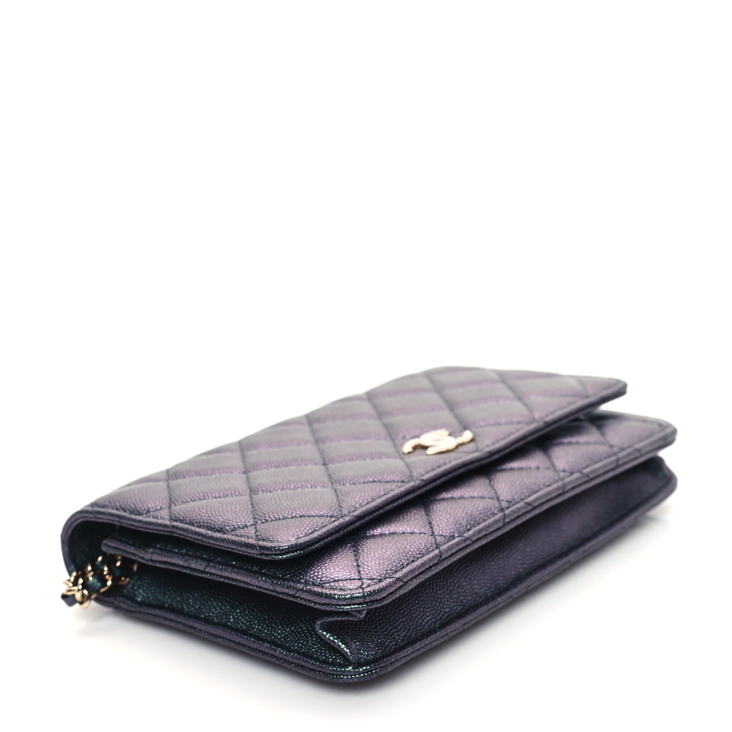 Iridescent Caviar Quilted Wallet on Chain WOC Dark Blue