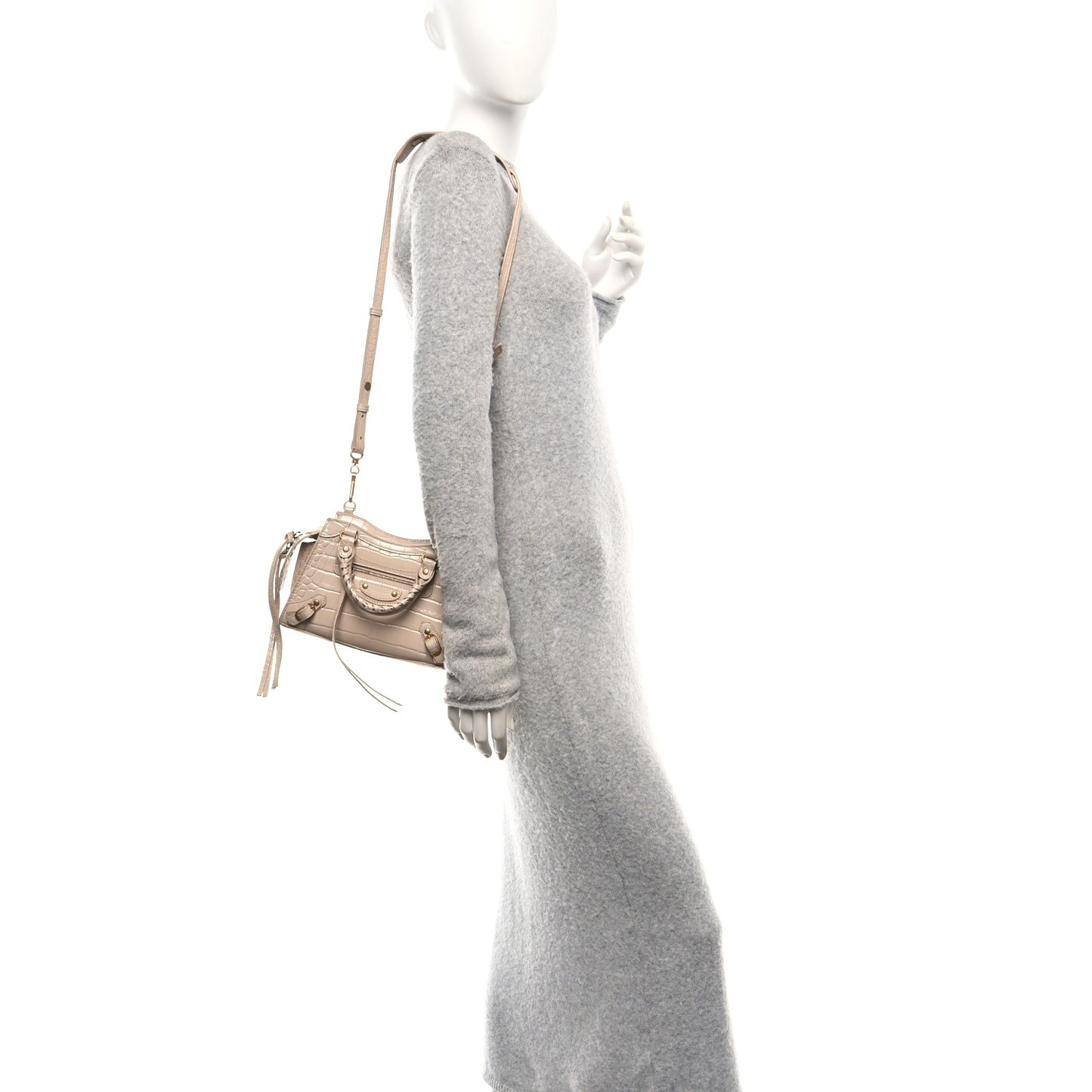 Shiny Supple Calfskin Crocodile Embossed Neo Classic Gold Hardware Mini City Light Beige