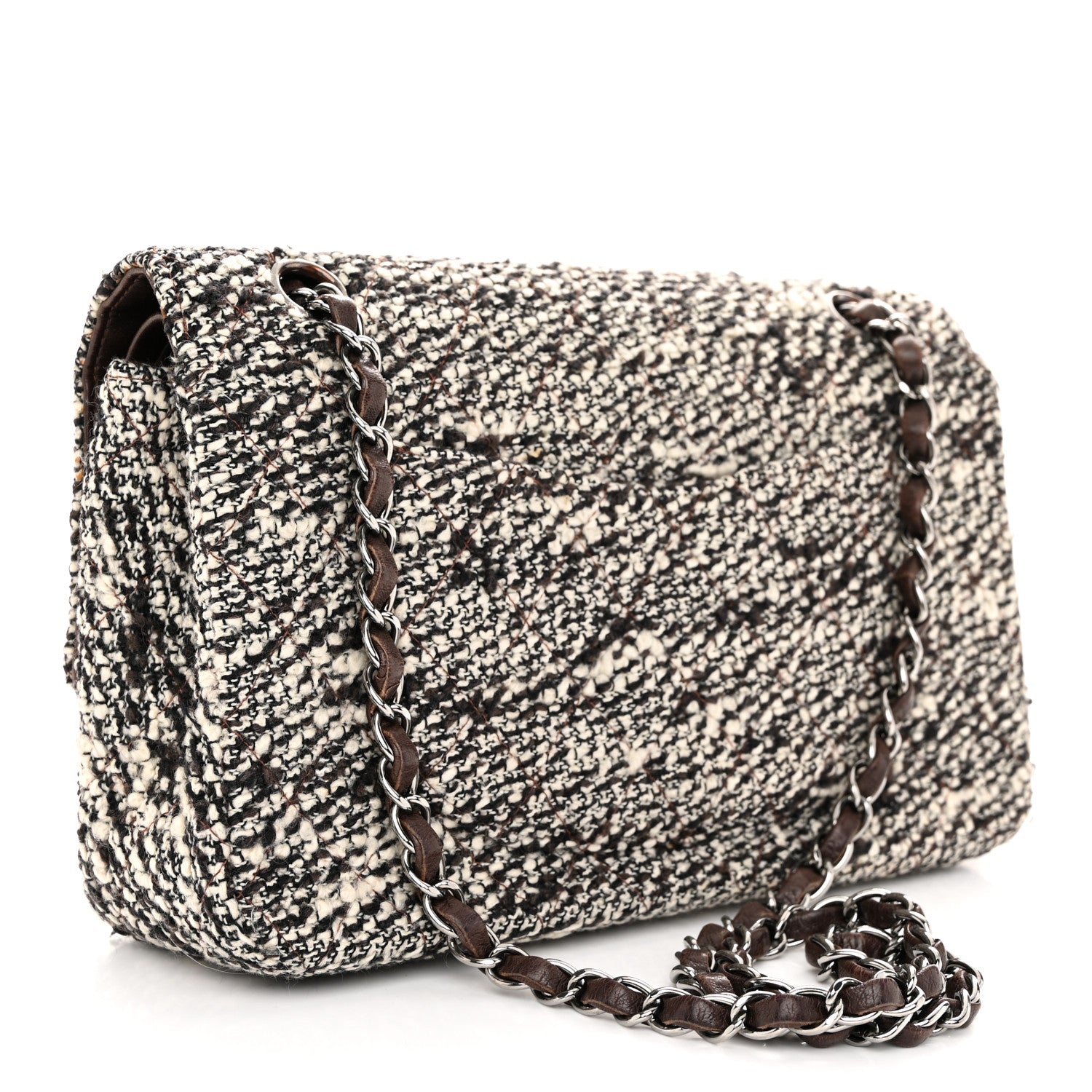 Chanel Tweed Quilted Medium Double Flap White Brown 3 of 12
