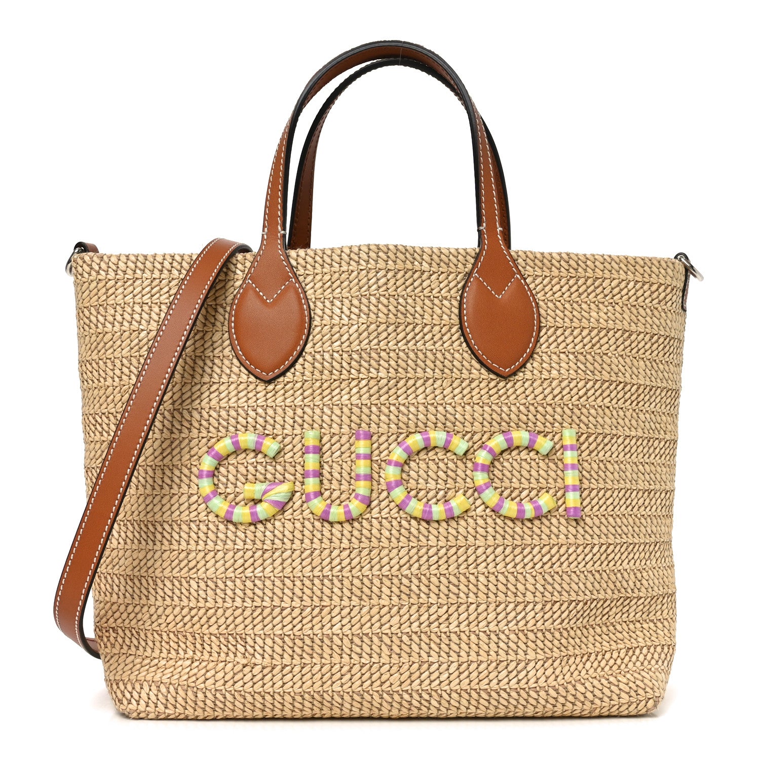 Gucci Raffia Woven Logo Patch Medium Tote Bag Natural Brown