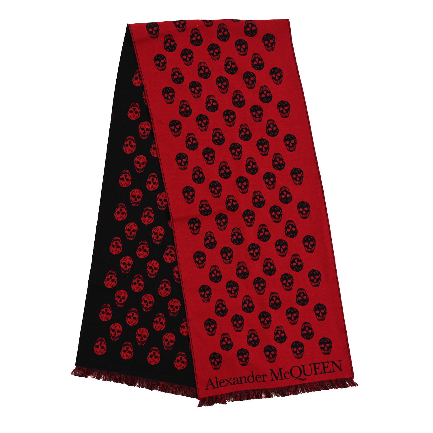 Alexander McQueen Wool Reversible Upside Down Skull Scarf Black Lust Red 2 of 3