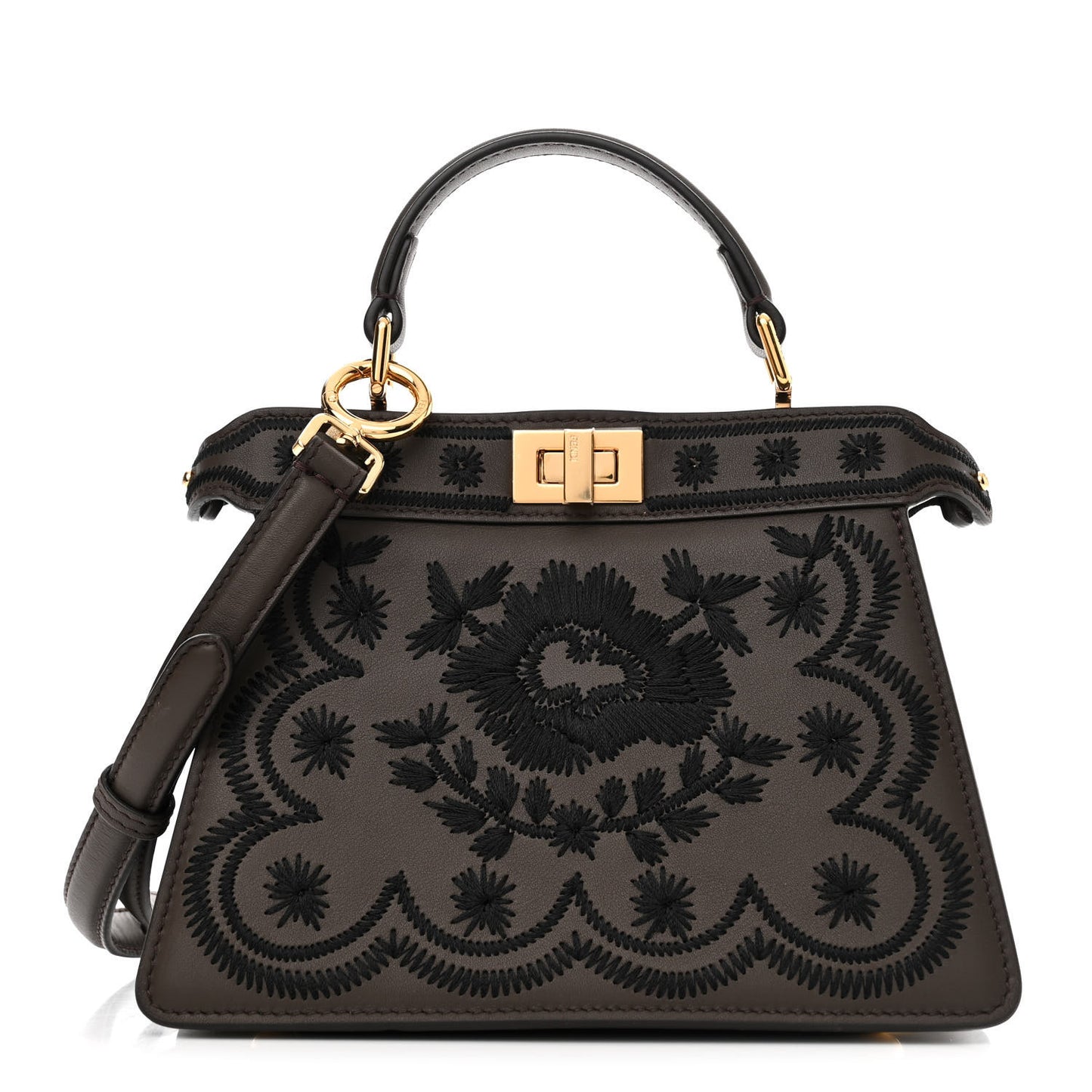 Vitello Seta Shiny Nappa Floral Embroidered Petite Peekaboo I SEE U Satchel Carbone Black